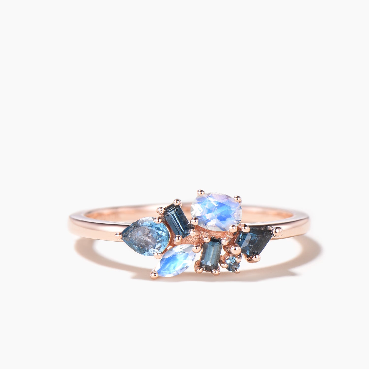 Natural London Blue Topaz and Moonstone Mixed Cut Dainty Band Ring - Elegant Stackable Jewelry for Everyday Wear & Special Occasions