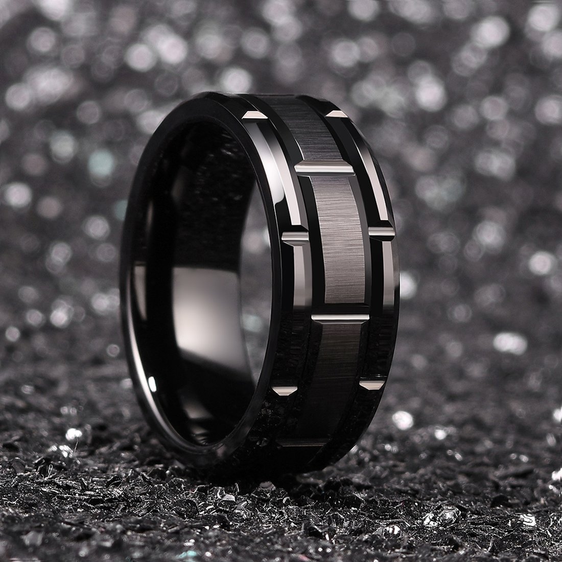 King Will Classic Men's 8mm Tungsten Carbide Wedding Ring - Silver, Black, Gold & Rose Gold Options - Brick Pattern with Groove Center & Brushed Finish - Comfort Fit Band for Weddings, Anniversaries & Special Occasions