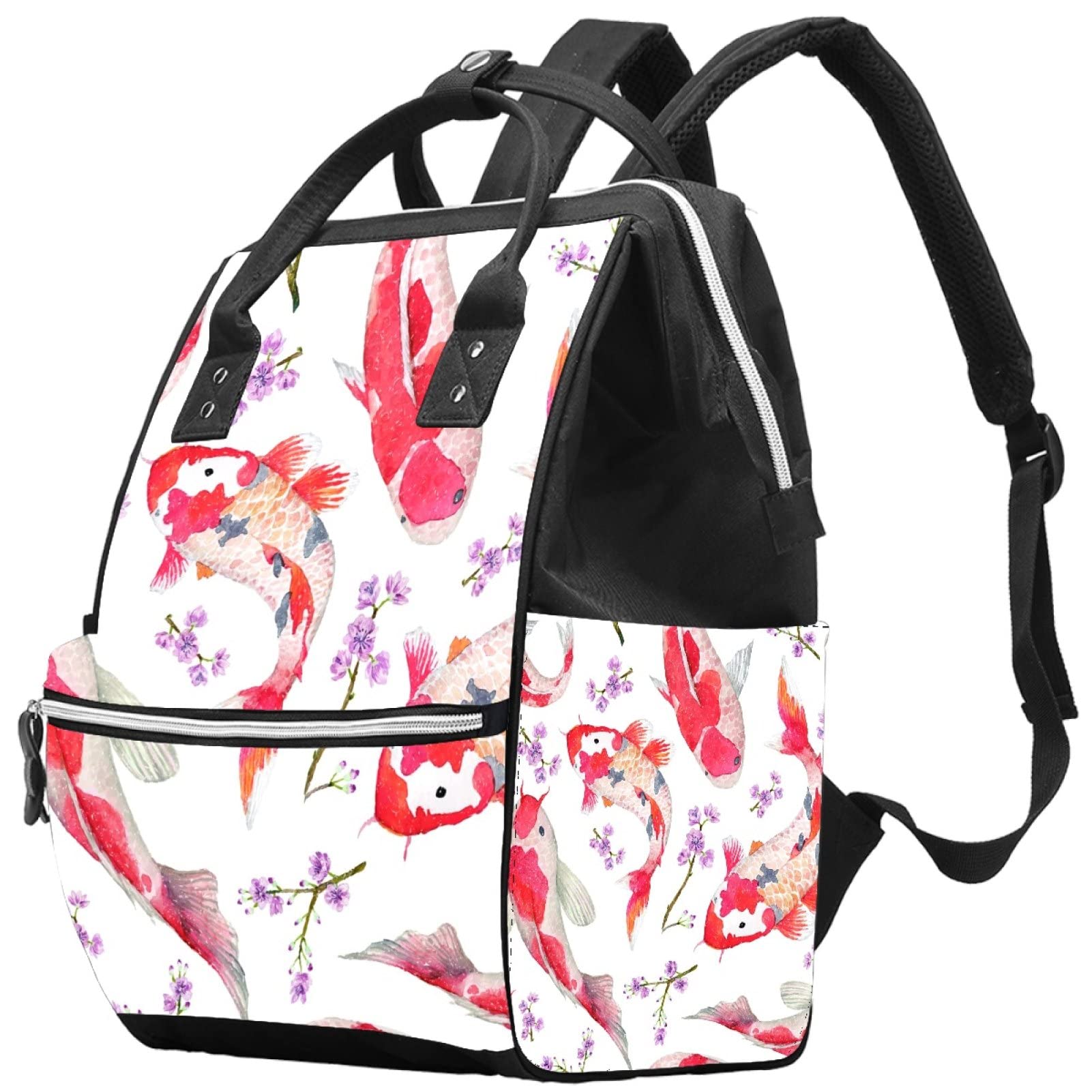 Red Carps with Flower Diaper Backpack - Large Capacity Travel Backpack for Moms & Dads, Girls & Boys - Perfect for Baby Essentials, Daycare, Family Outings & Airplane Travel