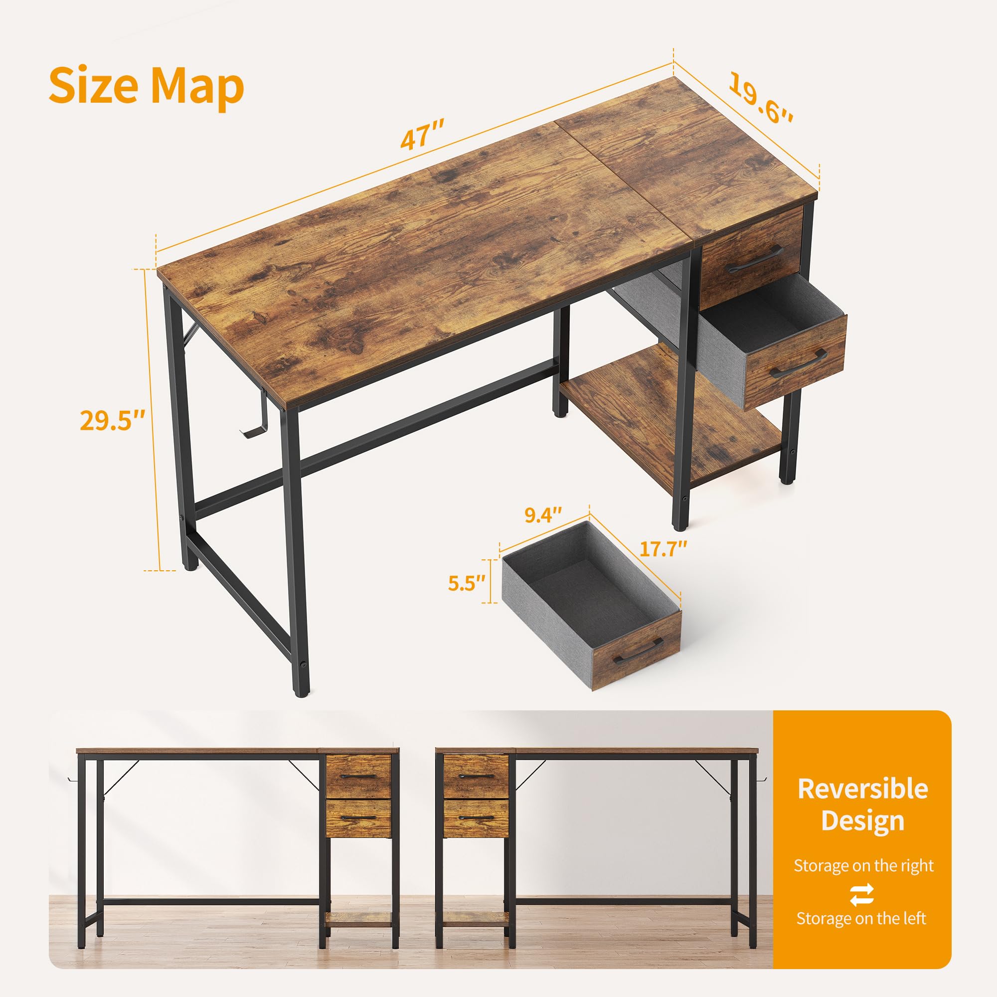 CubiCubi 47 Inch Small Computer Desk with 2 Drawers - Home Office Desk, Study Writing Table in Rustic Brown - Perfect for Small Spaces, Dorm Rooms & Home Offices