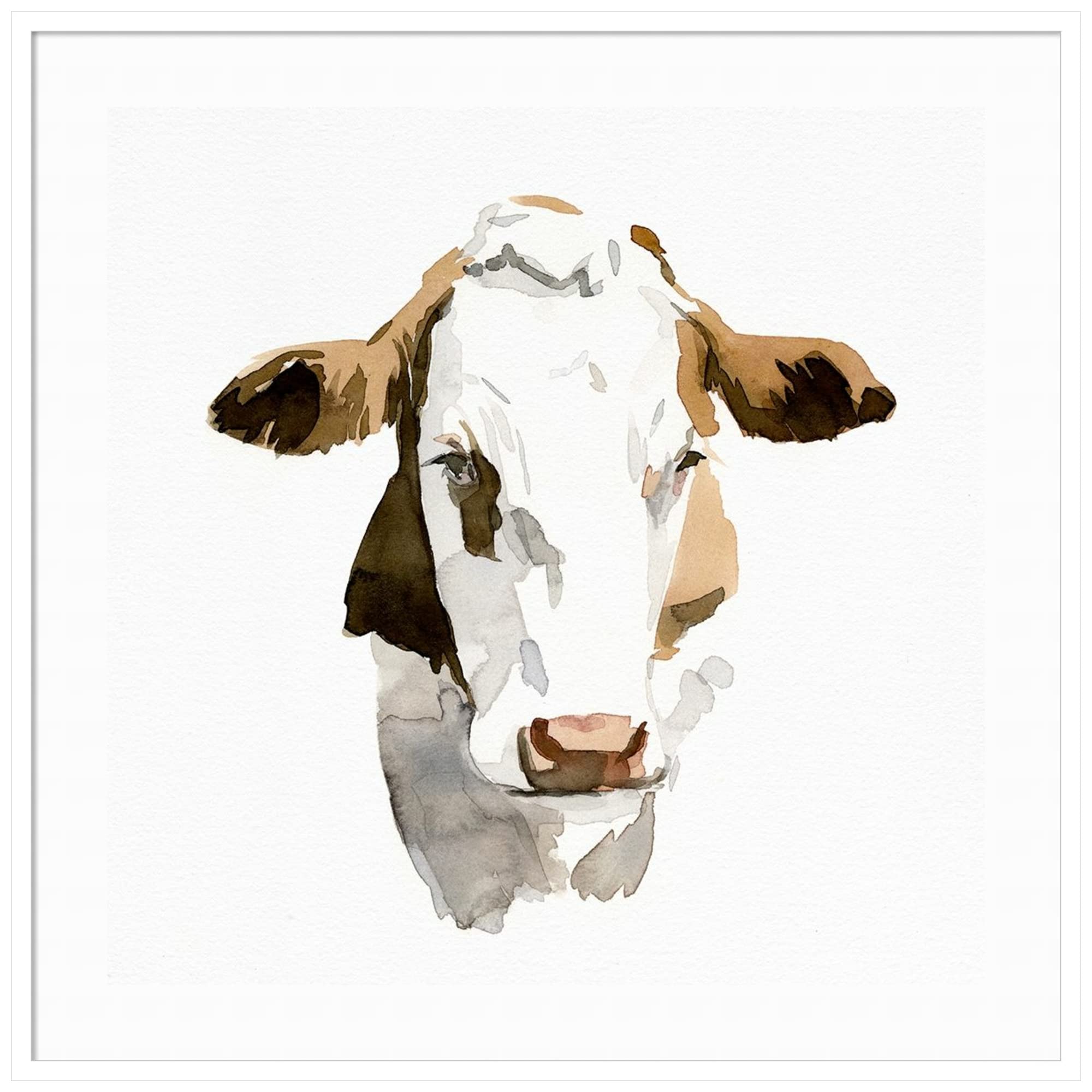Emma Caroline Watercolor Bovine I Framed Wall Art Print - 41x41 Inch Oversized Wood Frame in Svelte White | Modern Farmhouse Decor, Living Room Wall Art, Office Decor