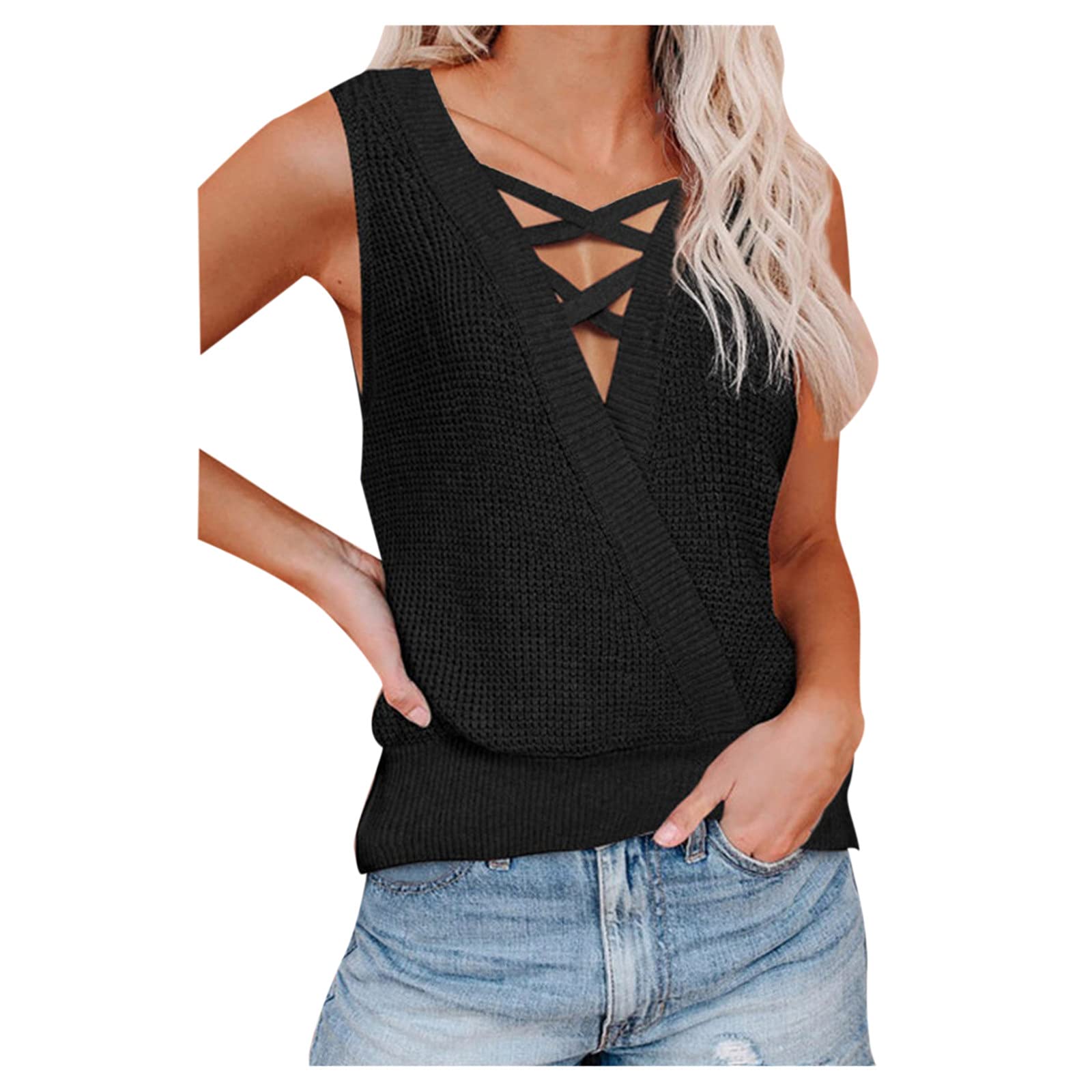 Women's Sleeveless Cross V-Neck Sweater Vest - Summer Fall Knitted Loose Cami Tank Top for Casual Wear, Layering & Office Outfits