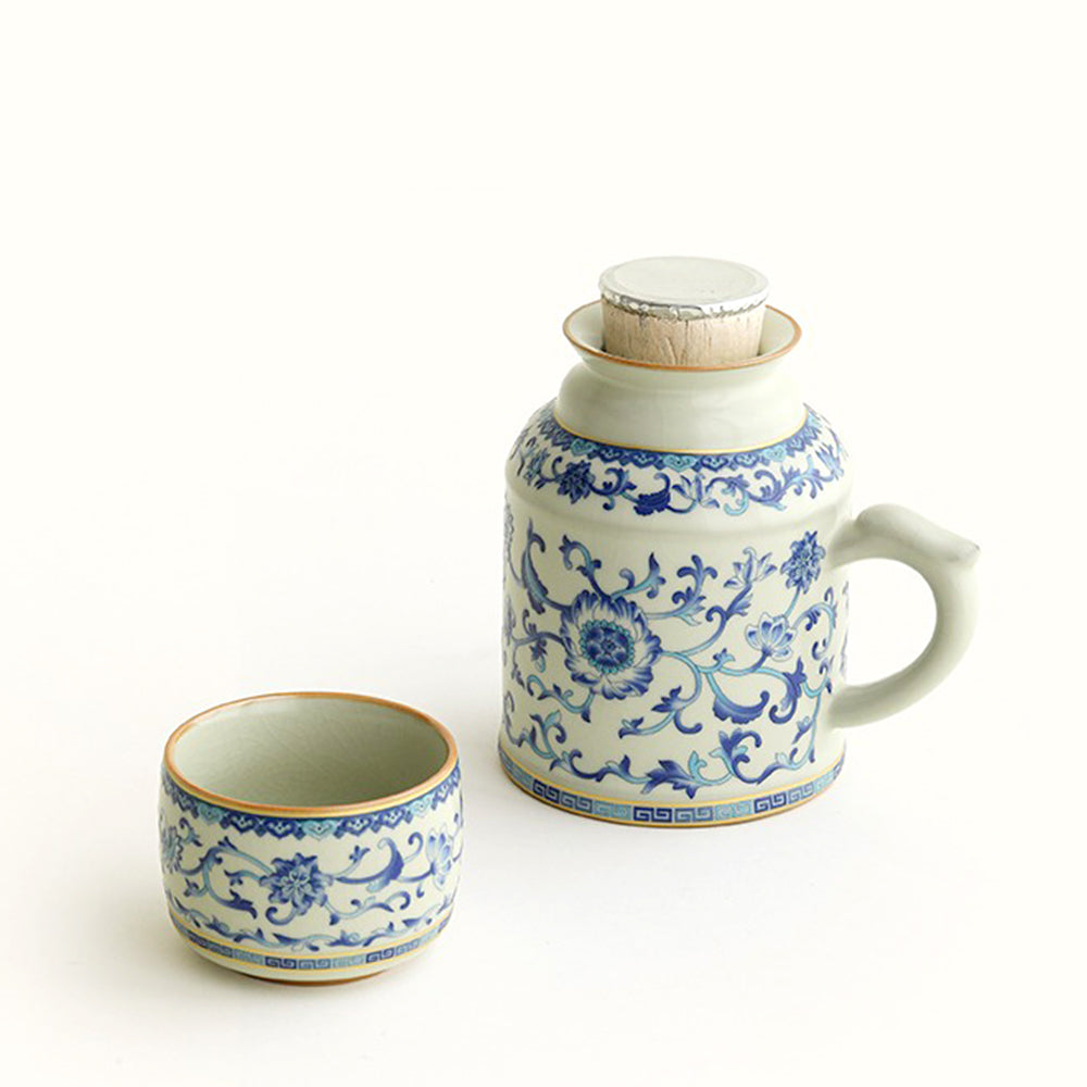 Handmade Blue and White Ruyao Ceramic Tea Cup Set with Twig Flower Design - Perfect for Chinese Tea Ceremonies, Home Decor, and Gift Giving