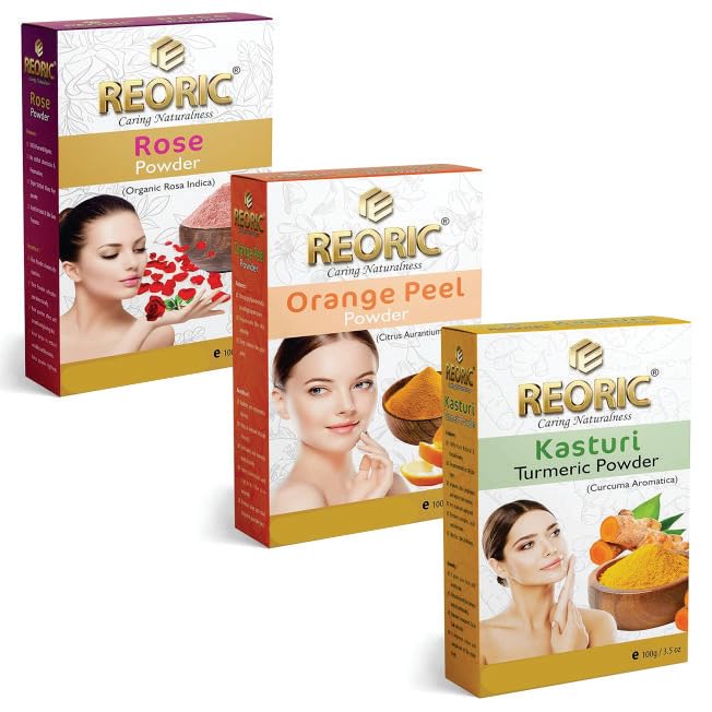 Organic Kasturi Turmeric Powder, Orange Peel Powder & Rose Powder - Curcuma Aromatica, Jangli Haldi, Kasthuri Manjal for Glowing Skin | Natural Face Mask Ingredients for Brightening, Acne Treatment & Anti-Aging | DIY Beauty Care Pack of 3