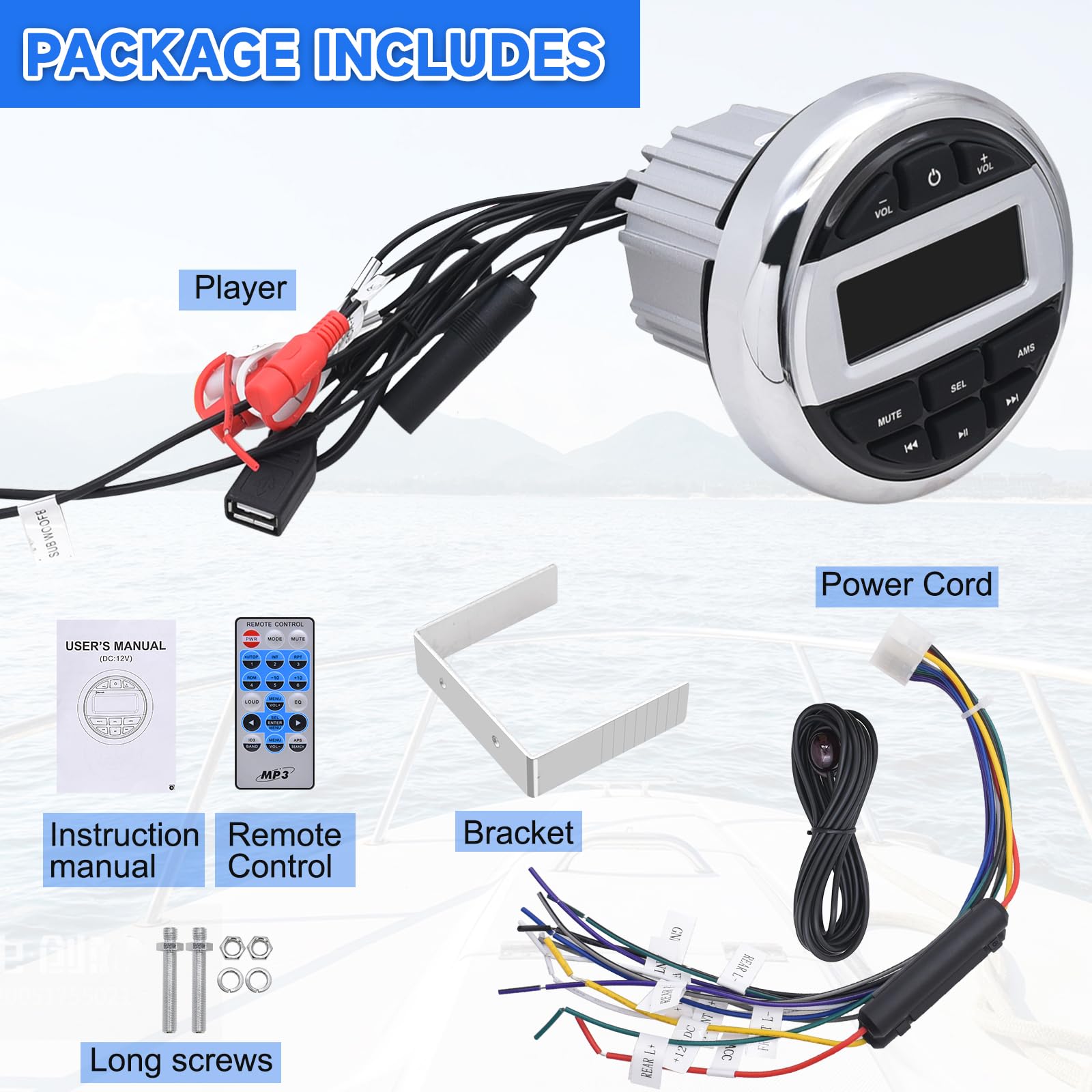 Geloo Marine Stereo Receiver - Waterproof Boat Audio System with Digital Media MP3 Player, Wireless Bluetooth, USB, AM/FM Radio | Perfect for Boats, Motorcycles, Golf Carts & Trucks | Enjoy Music on Water & Outdoor Adventures