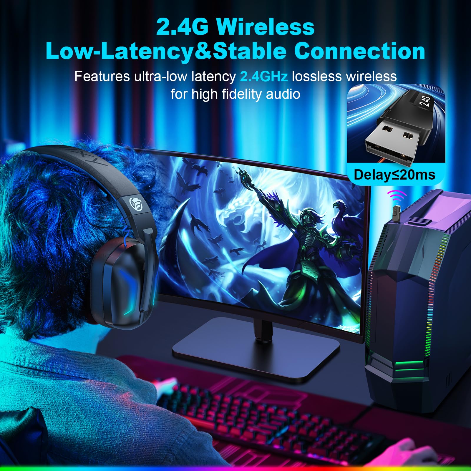 Wireless Gaming Headset with Microphone - Bluetooth Over-Ear Headphones for PC, PS5, PS4, Switch, Laptop, Mobile & Mac | 50Hr Fast Charge Battery, Cool LED Lights, 2.4GHz Low Latency | Perfect for Online Gaming, Streaming & Work from Home