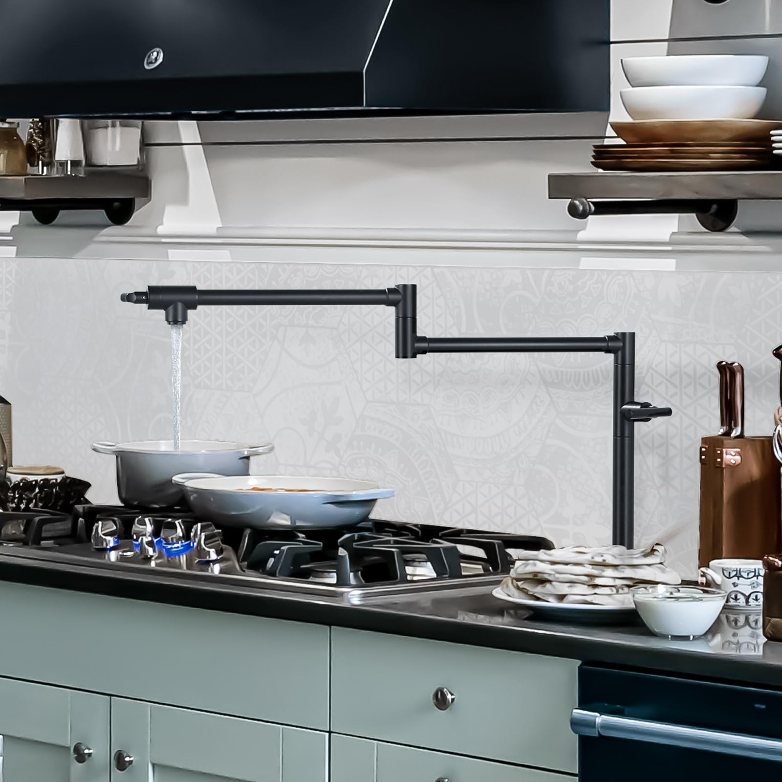 **Deck Mount Matte Black Pot Filler Faucet for Kitchen – Solid Brass Folding Faucet with Double Joint Swing Arms – Perfect for Stove, Sink & Cooking Convenience**