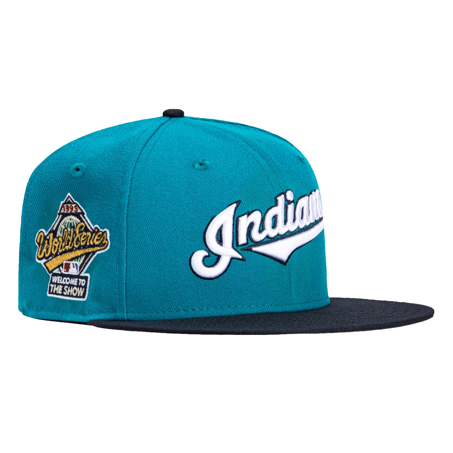 New Era 59Fifty Cleveland Guardians 1995 World Series Patch Script Hat - Teal & Navy Blue Baseball Cap for Men - Perfect for Game Day, Sports Events & Fan Collections