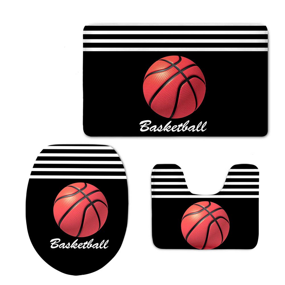 HUGS IDEA 3-Piece Sports Theme Bath Rug Set - Non-Slip Basketball Design Bath Mat, Contour Mat & Toilet Lid Cover for Bathroom Safety and Style | Perfect for Kids' Bathrooms, Sports Lovers & Themed Decor