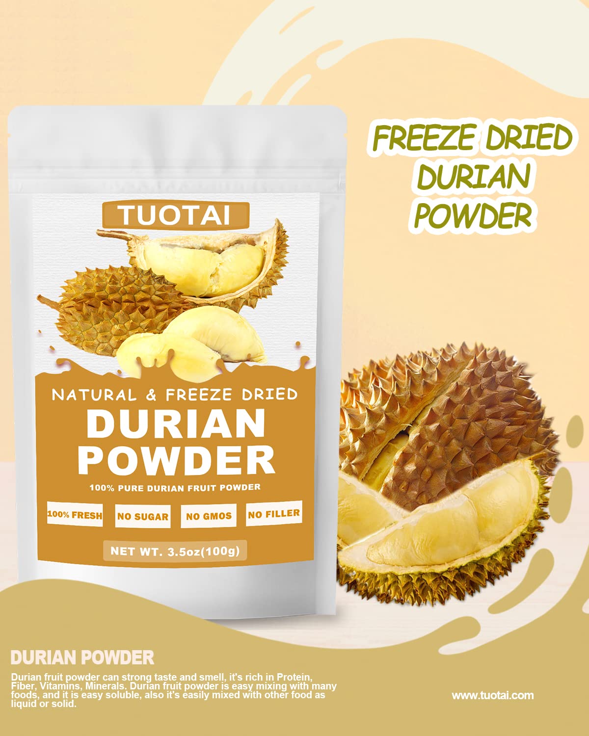 Premium Freeze-Dried Durian Powder - 100% Natural Durian Fruit Powder, 3.5oz for Smoothies, Baking & Healthy Drinks - Perfect for Desserts, Protein Shakes & Asian Cuisine