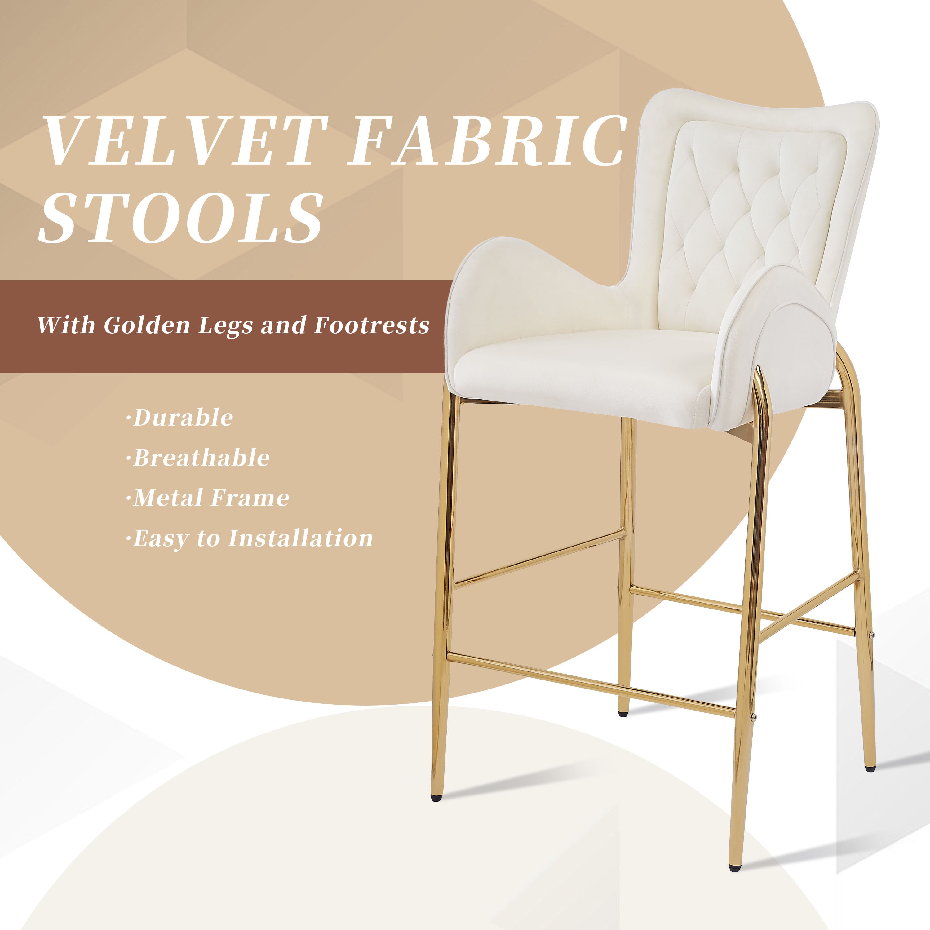 28.75 Inch Counter Height Bar Stools Set of 2 - Velvet Upholstered Bar Chairs with Golden Metal Legs - Perfect for Kitchen Island, Breakfast Nook & Home Bar Decor