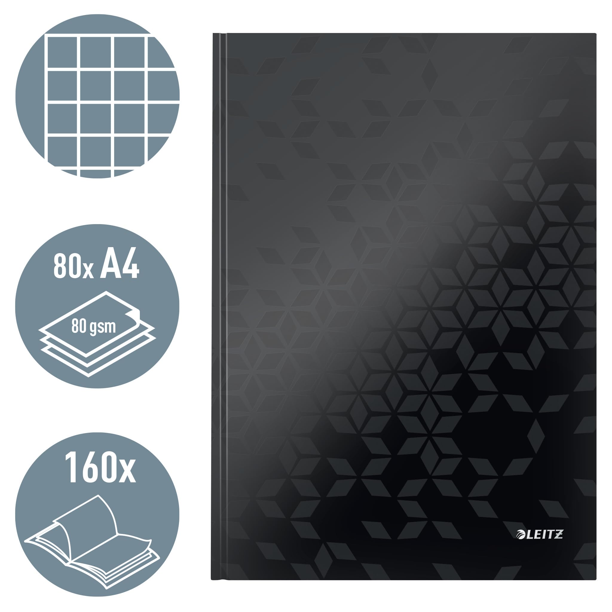 Leitz A4 Hard Cover Notebook - 80 Sheets, Squared Grid Paper, 90 GSM Ivory Pages - Premium Office & School Supplies for Note Taking, Journaling & Business Meetings
