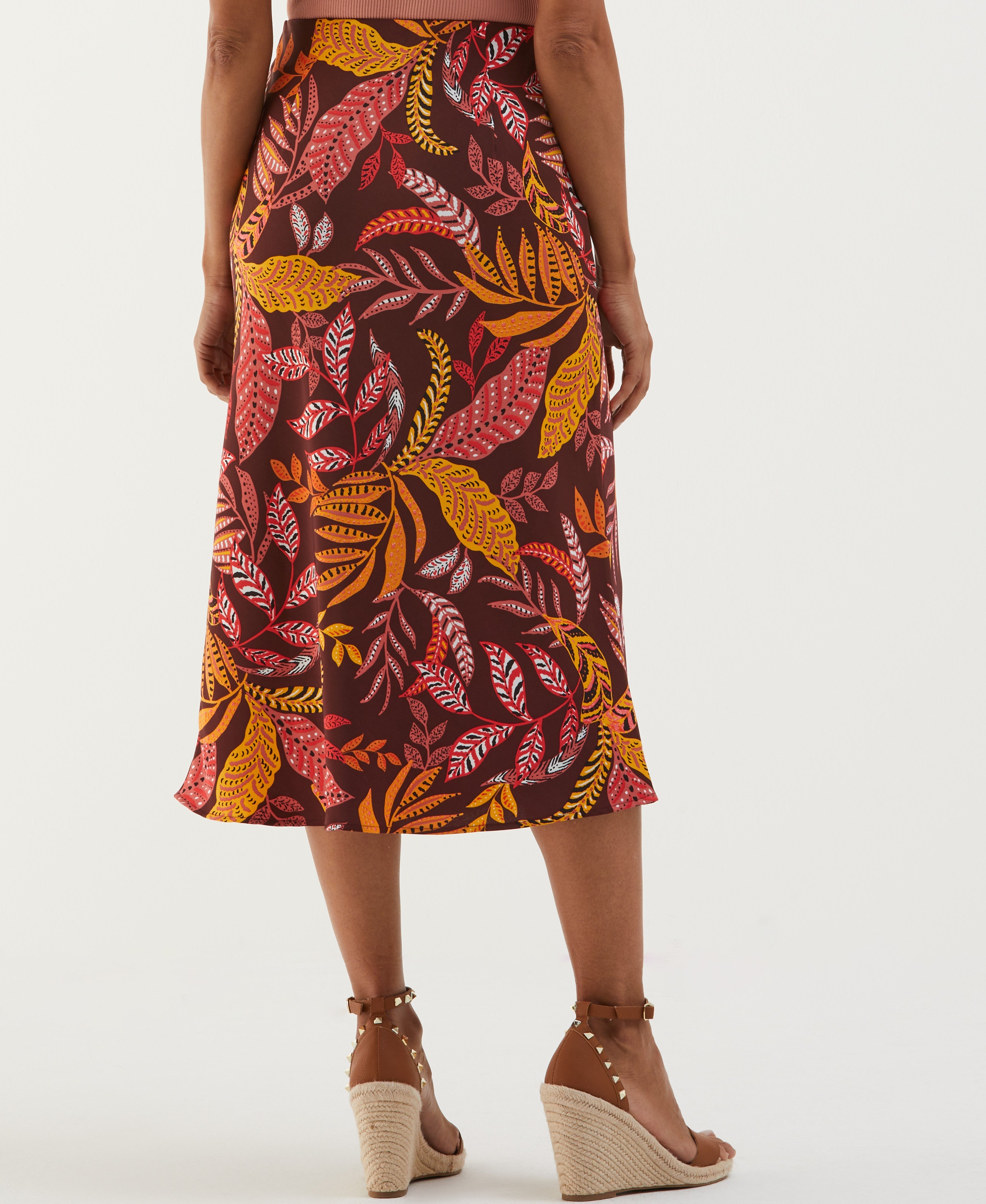 Leaf Print Shine Midi Bias Skirt - Flowy A-Line Skirt for Women | Perfect for Summer, Beach Vacations & Boho Outfits