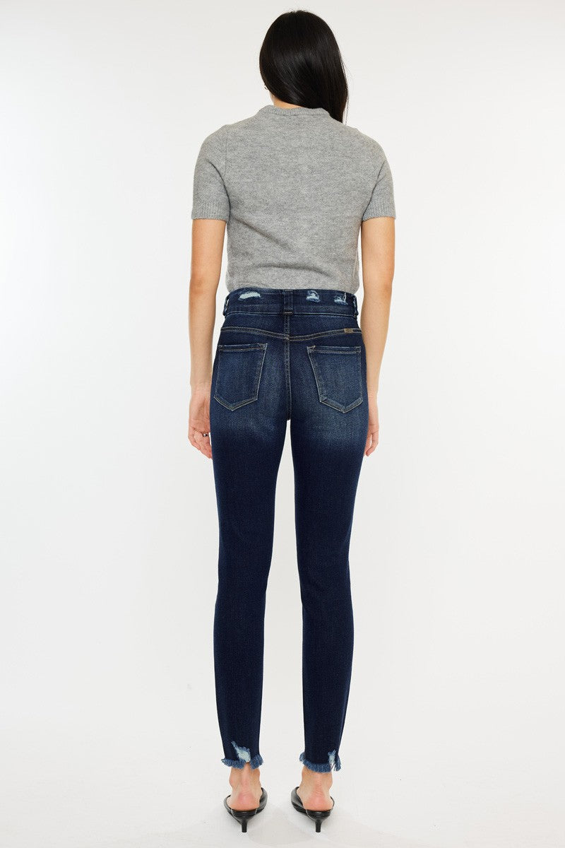 Kancan Women's High Waist Raw Hem Jeans - Full Size Stretch Denim Pants with Cat's Whiskers Design | Perfect for Casual Wear, Date Night & Everyday Outfits