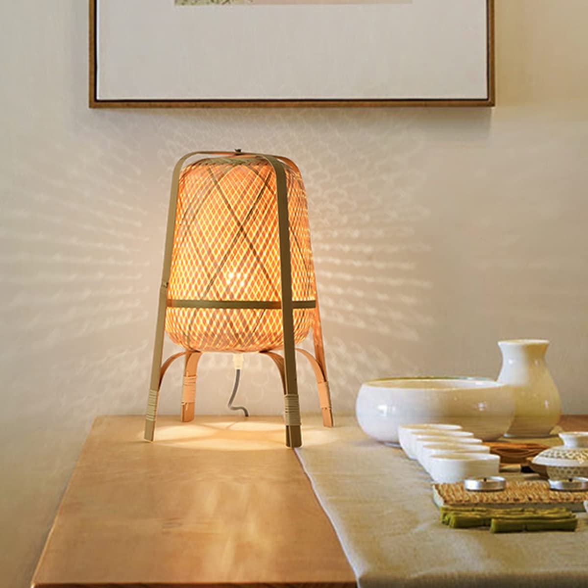 Japanese Handmade Rattan Bamboo Table Lamp - Asian Wicker Bedside Light for Bedroom, Study & Reading | Natural Weave Home Decor with Power Switch Button | Perfect for Cozy Nights, Meditation Spaces & Zen Interior Design