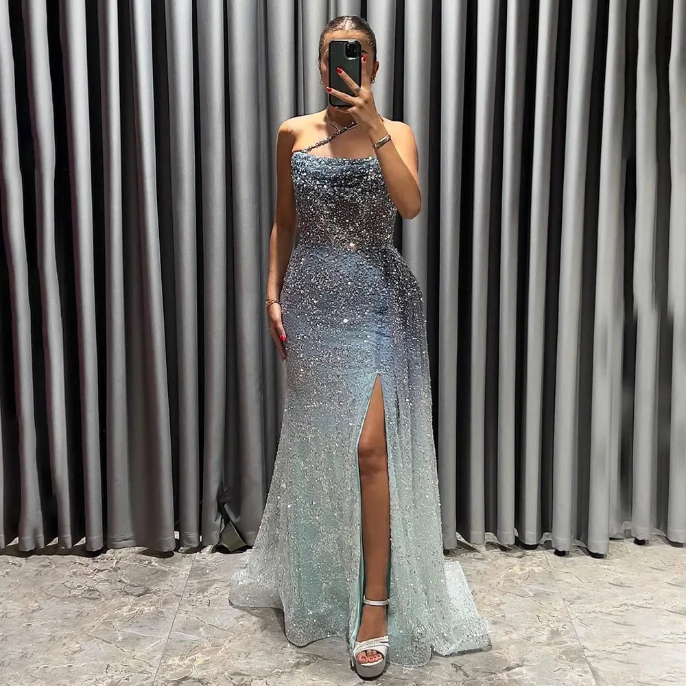 Elegant Blue One Shoulder Evening Gown with Detachable Overskirt LA72434 - Perfect for Prom, Wedding, and Formal Events