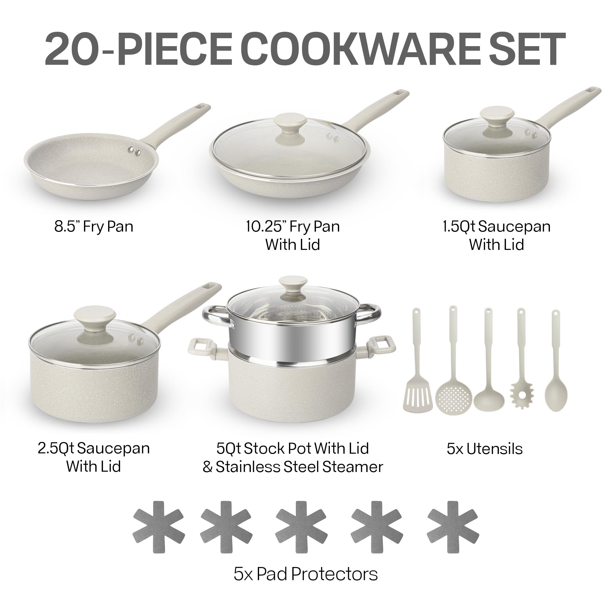 GraniteStone 20-Piece Nonstick Cookware Set - Pots & Pans with Lids, PFOA-Free Ceramic Coating, Dishwasher Safe - Perfect for Frying, Boiling & Everyday Cooking | Beige Kitchen Essentials