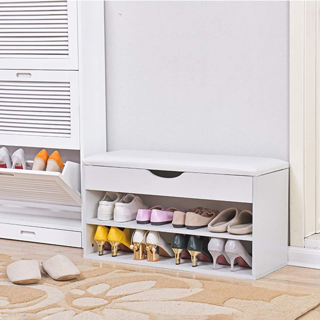 JOYGOOD 80cm White Entryway Storage Bench with Shoe Rack - Multifunctional Shoe Storage Seat for Hallway, Living Room & Bedroom Organization
