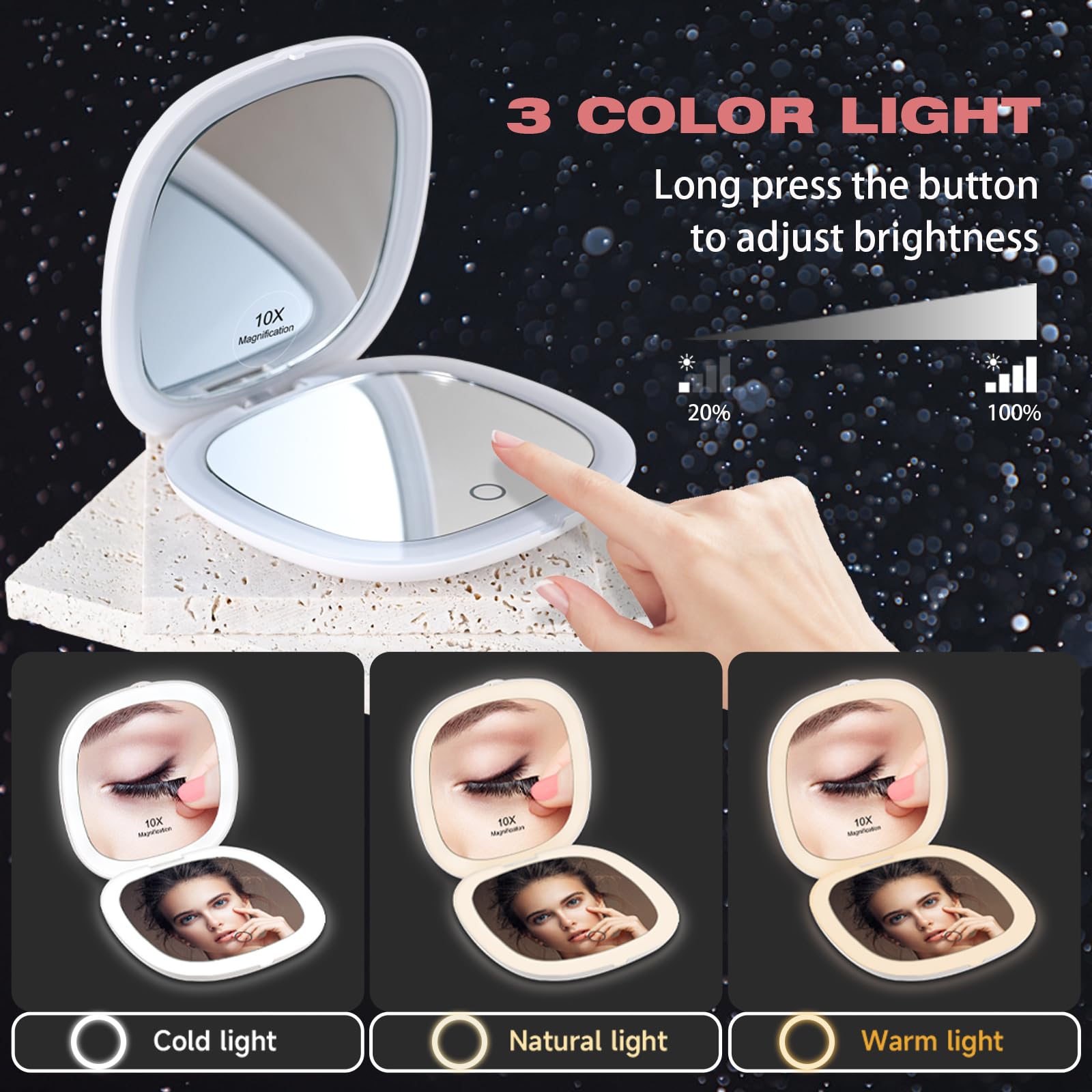 Portable LED Makeup Mirror with Light - 10X Magnification, Adjustable Brightness, Rechargeable Travel Mirror for Women | Compact Purse Size | Perfect for Home, Travel, Vanity & Gifts