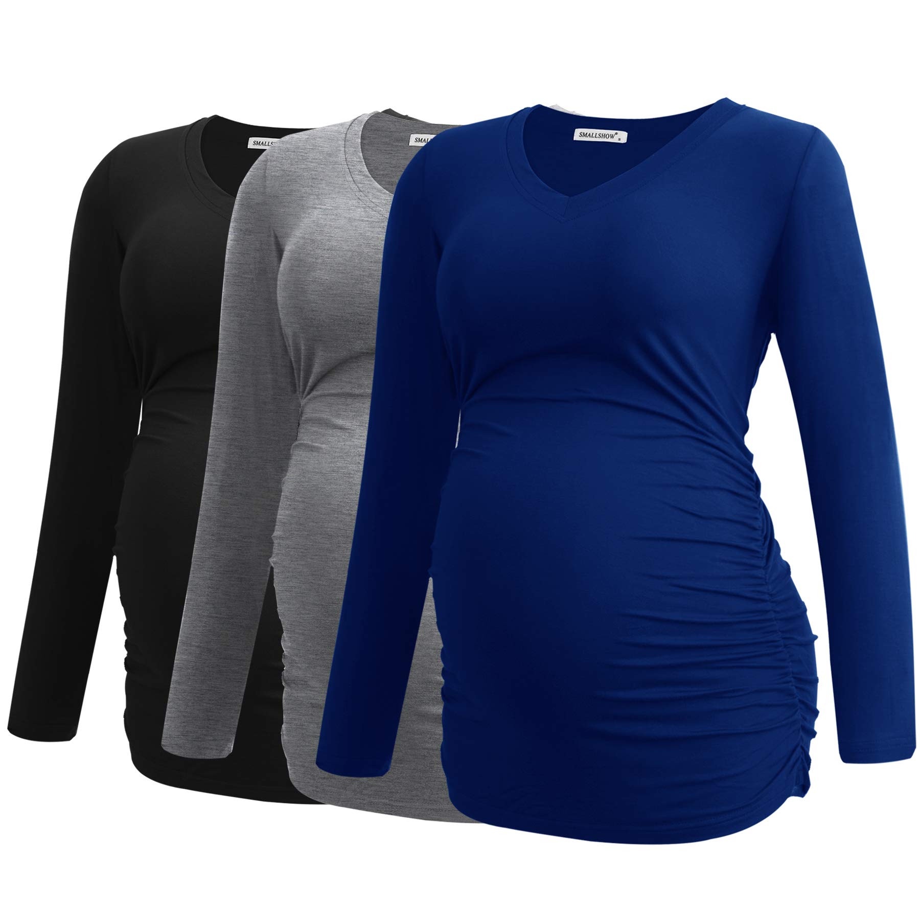 Smallshow Women's V-Neck Maternity Shirt - Long Sleeve Ruched Pregnancy Top for Work & Casual Wear | Comfortable Nursing & Maternity Clothes for Expecting Moms