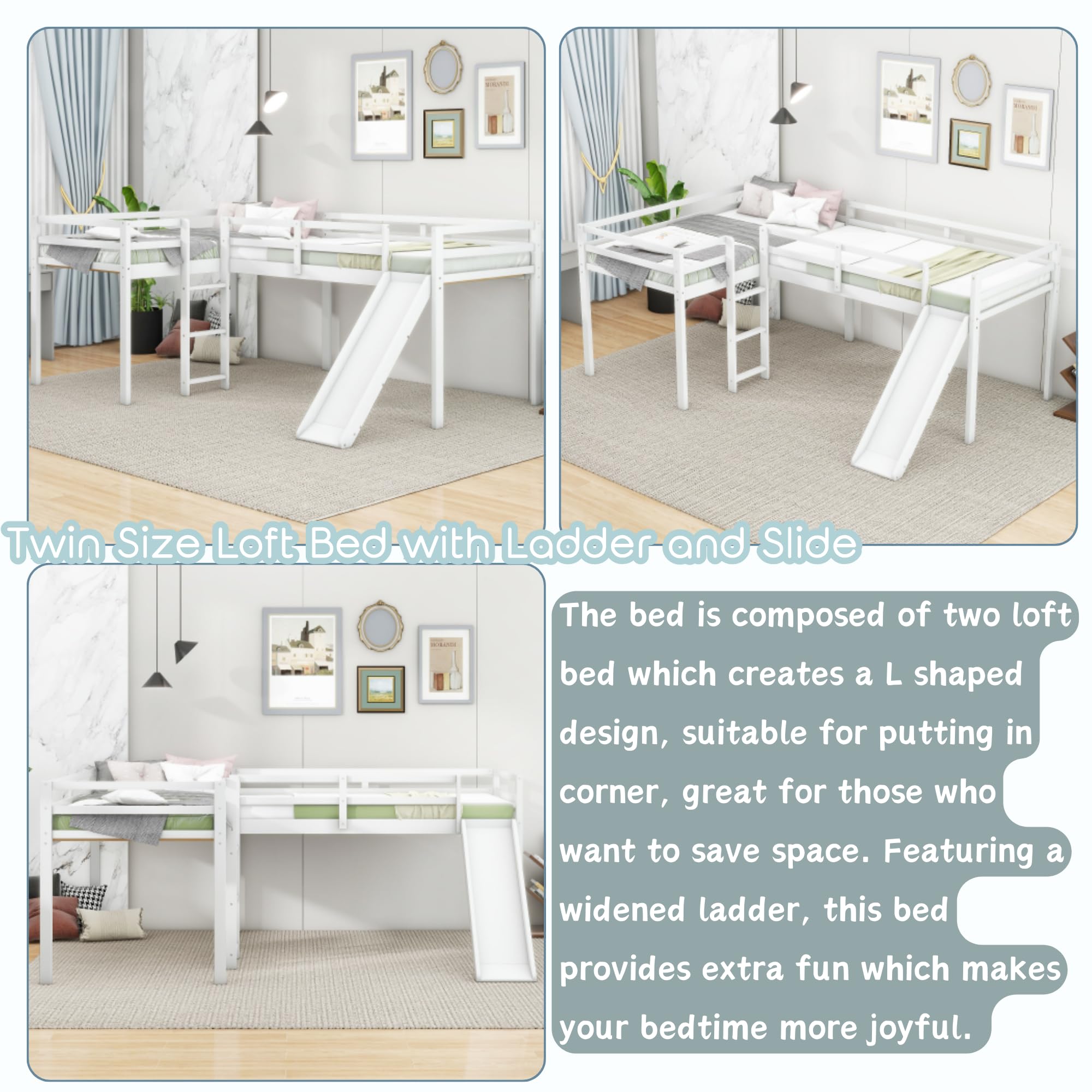 Harper & Bright Designs L-Shape Loft Beds with Slide & Ladder - Twin Size Wooden Bunk Bed Frame for 2 Kids - Space Saving Corner Loft Bed for Girls, Boys & Teens - No Box Spring Needed - Gray & White - Perfect for Small Bedrooms, Kids' Rooms & Shared Spaces