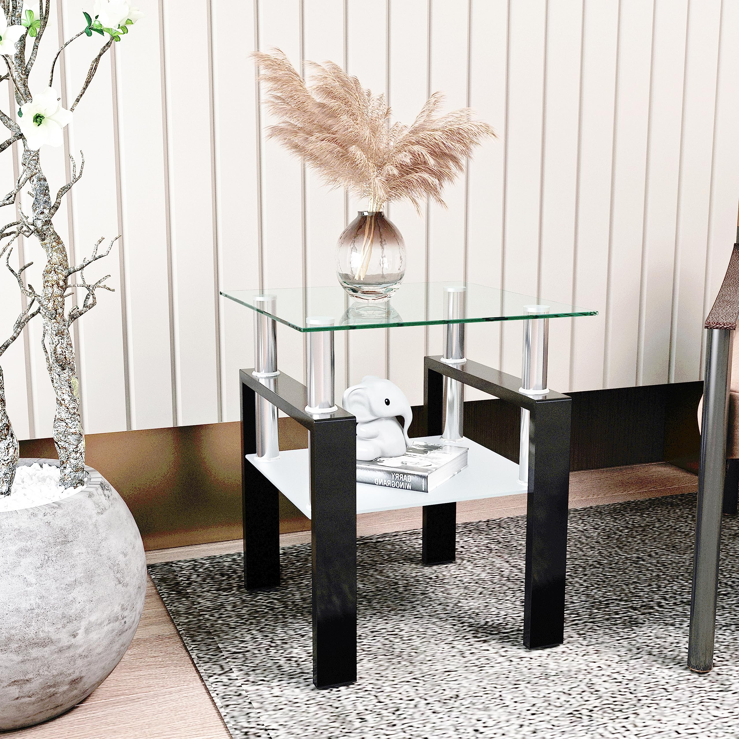 Modern Square Glass End Table with Sturdy Metal Legs - Small Coffee Table, Nightstand, or Bedside Table for Living Room & Bedroom - Perfect for Tea Time, Reading Nook, or Bedside Storage