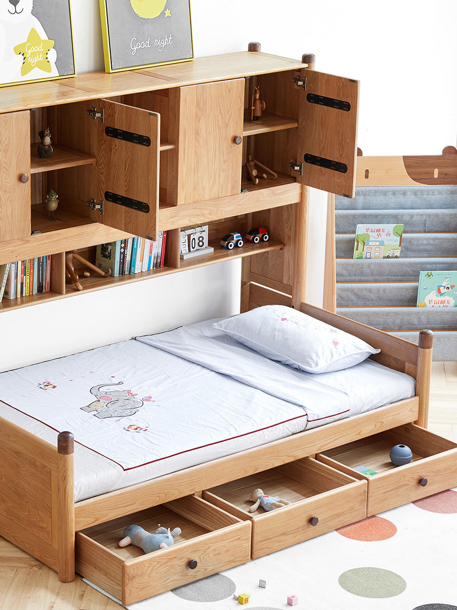 Solid Oak Wood Multi-Function Storage Bed - Queen Size Platform Bed with Underbed Drawers for Small Space Bedroom, Guest Room & Studio Apartments