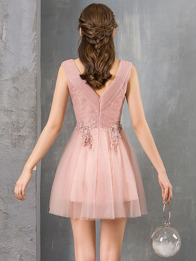 Elegant Pink V-Neck Tulle Lace Short Prom Dress for Homecoming - Perfect for Parties, Dances & Special Occasions