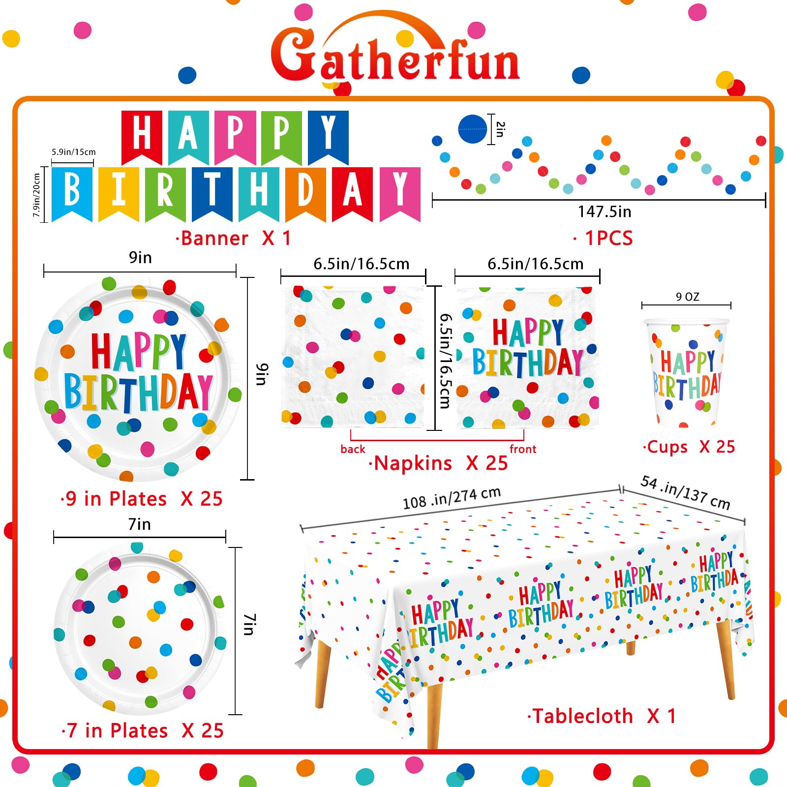 Happy Birthday Party Supplies Set - 25-Piece Disposable Paper Plates, Napkins, Cups, Tablecloth & Banner with Dots Design for Boys & Girls | Birthday Decorations for Kids, Adults & Family Celebrations