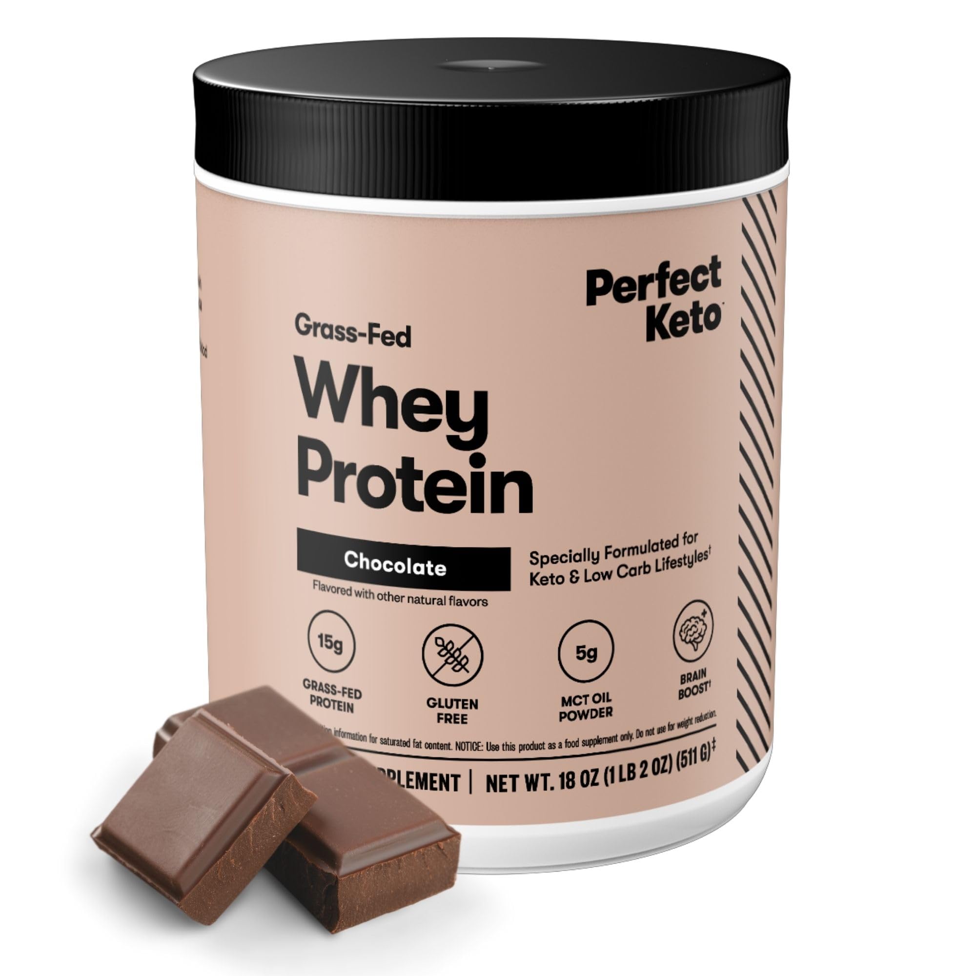 Perfect Keto Pure Chocolate Whey Protein Isolate Powder - 100% Grass Fed, All Natural, No Artificial Ingredients, Gluten Free, Soy Free, Non-GMO - Ideal for Keto Diet, Post-Workout Recovery & Healthy Lifestyle (Chocolate Flavor)