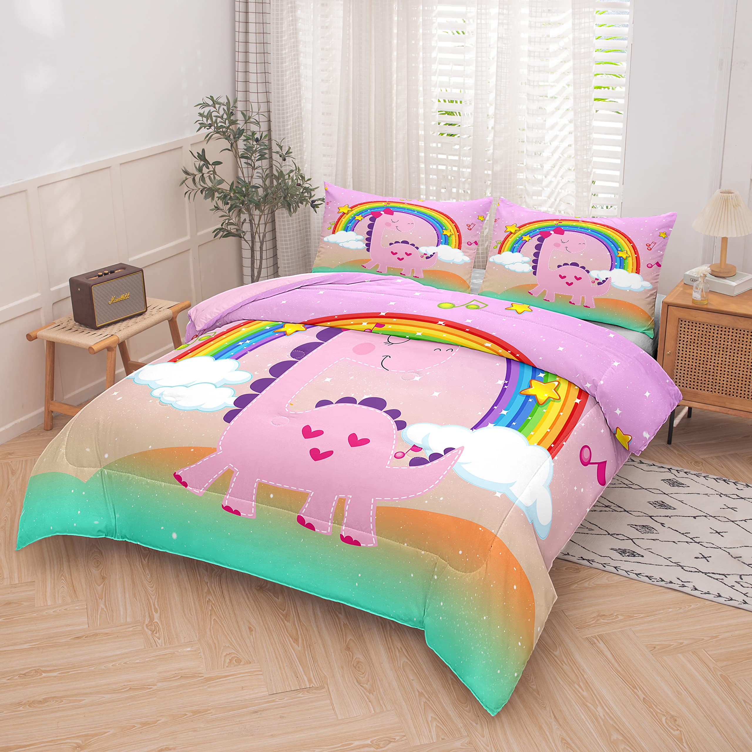 **Pink Dinosaur Bedding Set Full Size - Cute Dino Comforter Set for Girls & Kids, Cartoon Rainbow Dinosaur Bedding with 1 Comforter & 2 Pillowcases - Perfect for Kids' Room, Nursery, or Teen Bedroom Decor**
