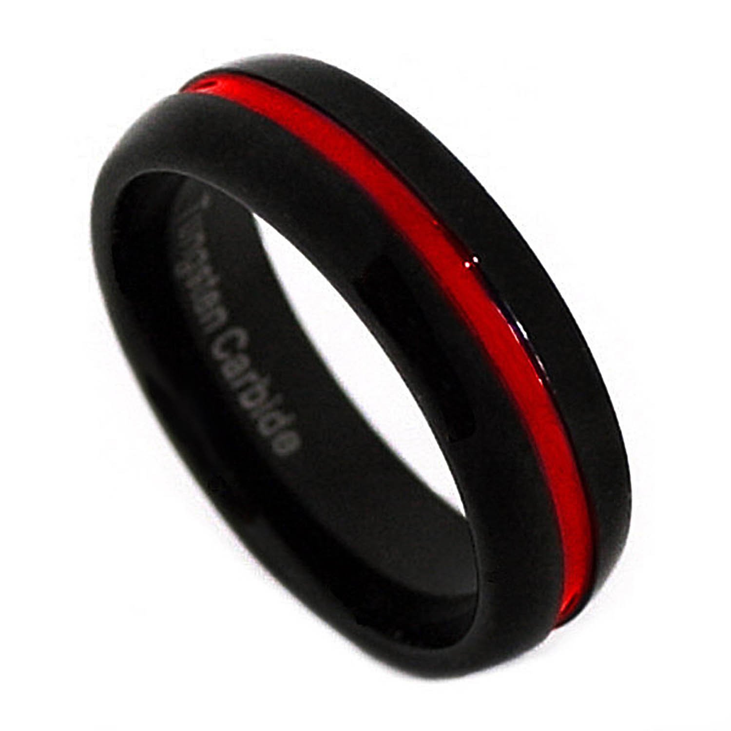 7mm Thin Red Line Black IP Tungsten Carbide Wedding Band Ring for Men - Durable Scratch Resistant Comfort Fit Wedding Ring - Perfect for Anniversary, Engagement, and Everyday Wear