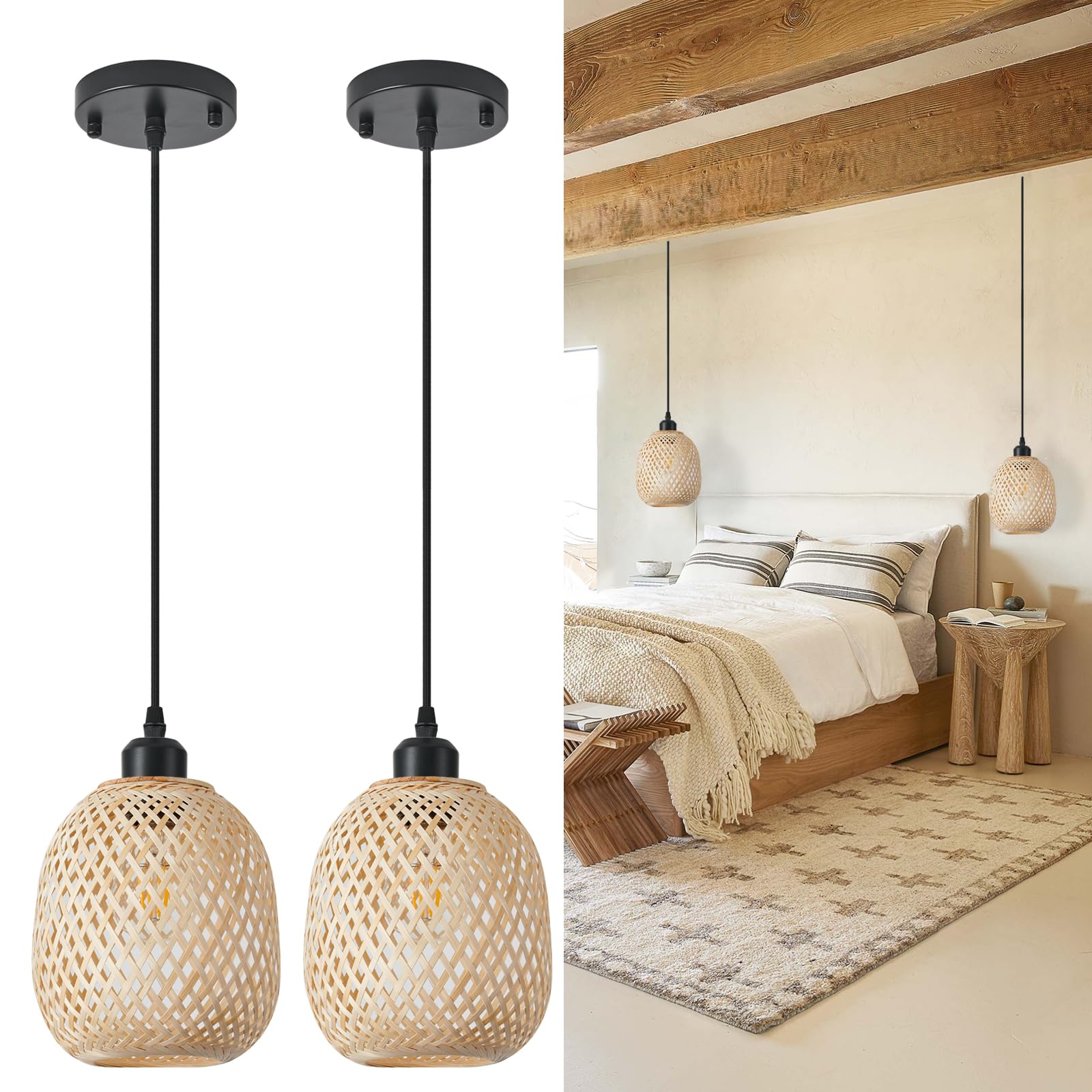 TERLEENART Set of 2 Bohemian Rattan Pendant Lights - Mid Century Modern Woven Bamboo Chandeliers for Kitchen, Dining Room, Living Room & Bedroom - Perfect for Farmhouse, Coastal & Boho Decor Styles