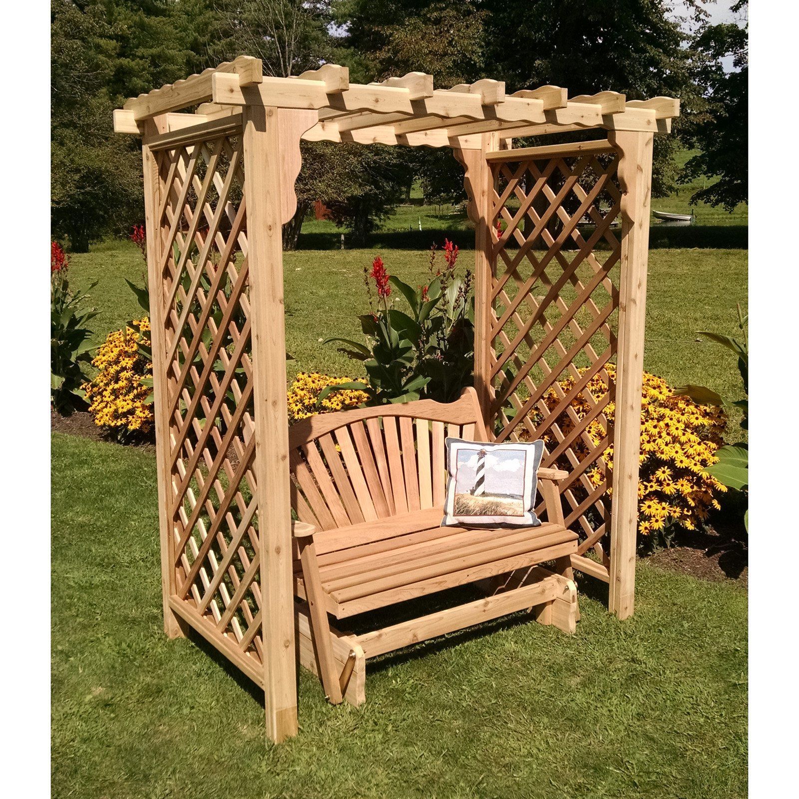 Amish Handcrafted Cedar Wood Covington Arbor with Glider - Rustic Outdoor Garden Bench for Relaxing in Backyard or Patio