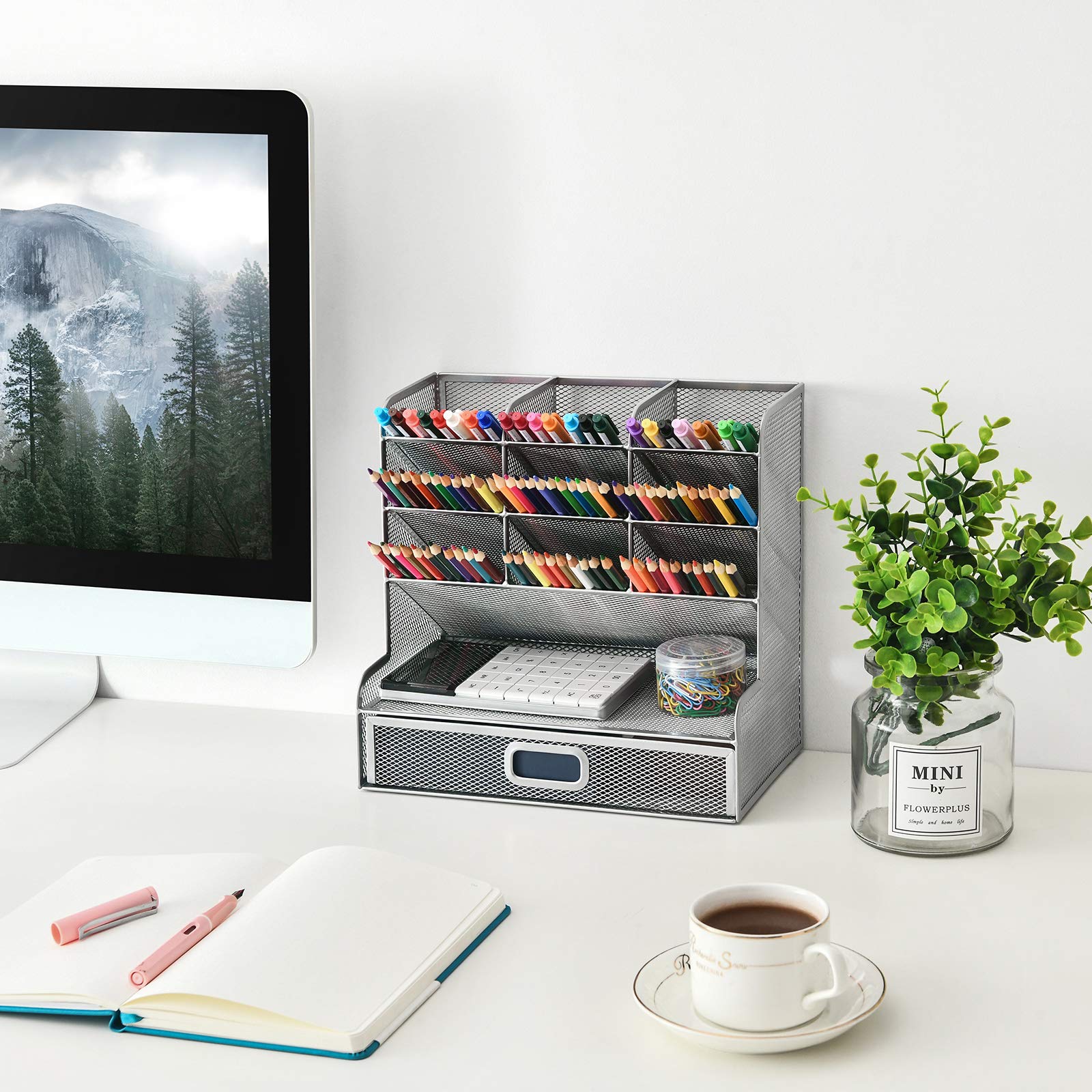 Mesh Desk Organizer with Drawer - Silver Pen Holder for School, Office & Home