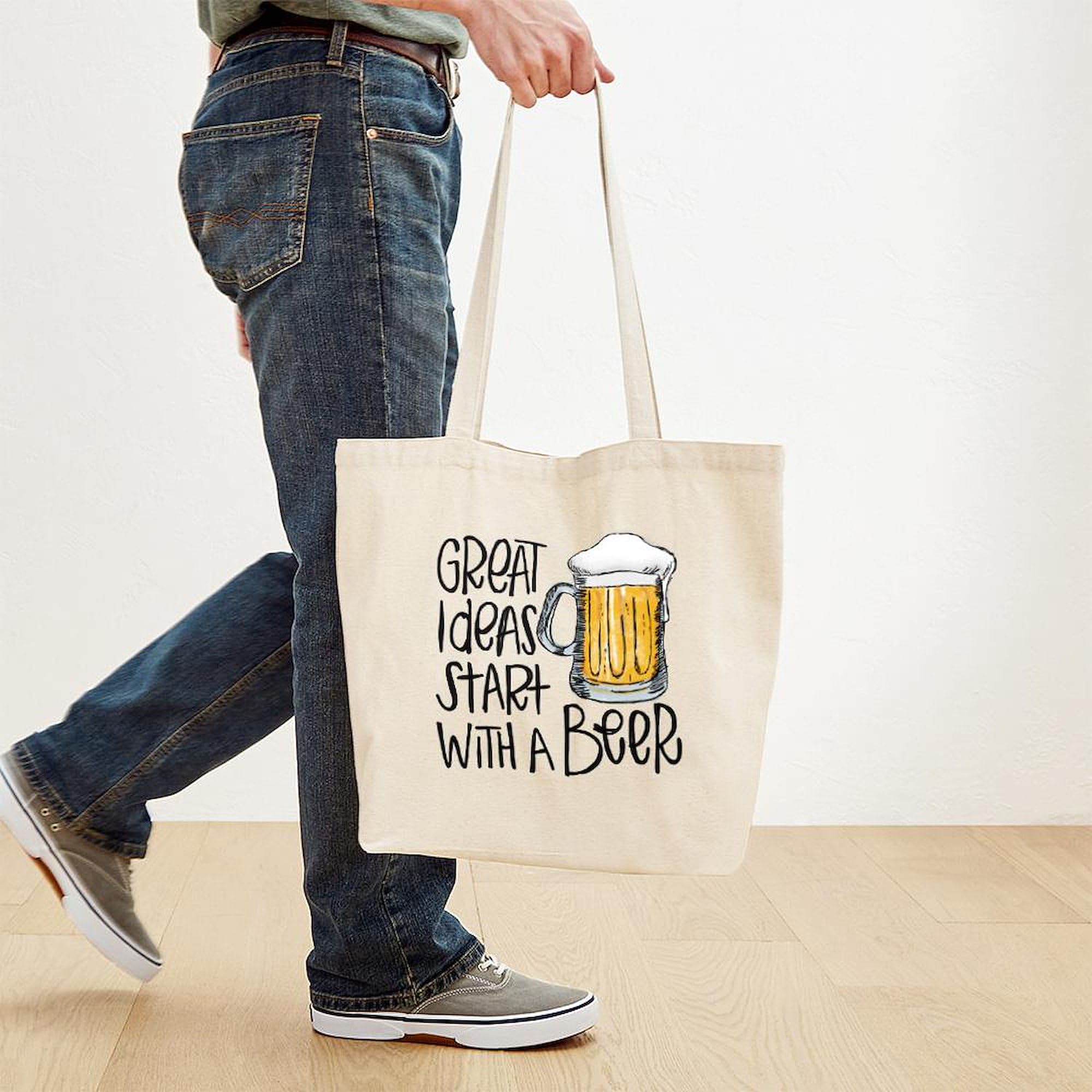 Great Ideas Start With A Beer - Natural Canvas Reusable Shopping Tote Bag | Eco-Friendly Grocery & Beach Bag for Men & Women | Perfect for Shopping, Picnics & Daily Use