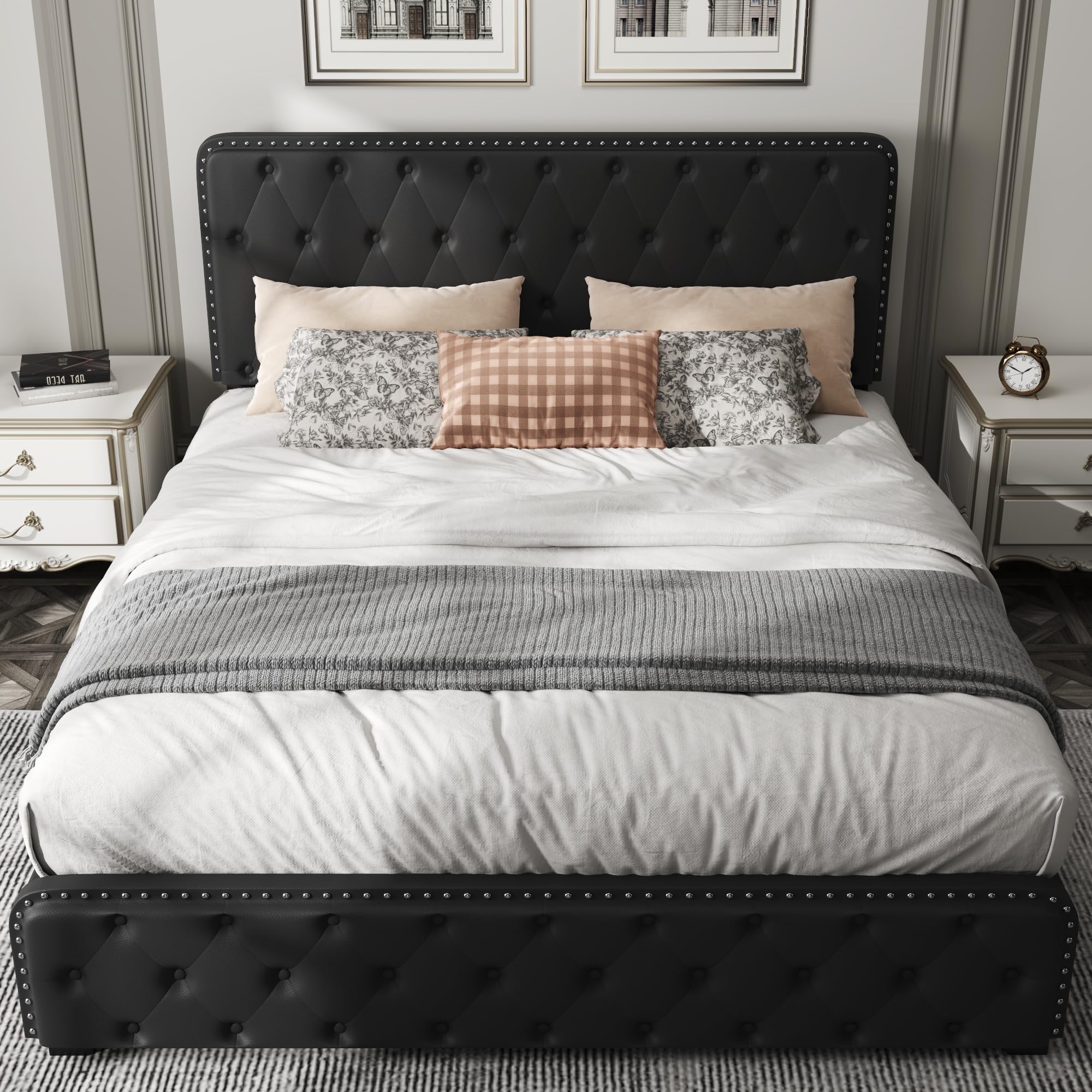 Queen Size Upholstered Bed Frame with Storage Drawers & Adjustable Headboard - No Box Spring Needed, PU Leather Platform Bed with Metal Slat Support, Dark Black - Perfect for Small Bedrooms, Guest Rooms & Modern Apartments