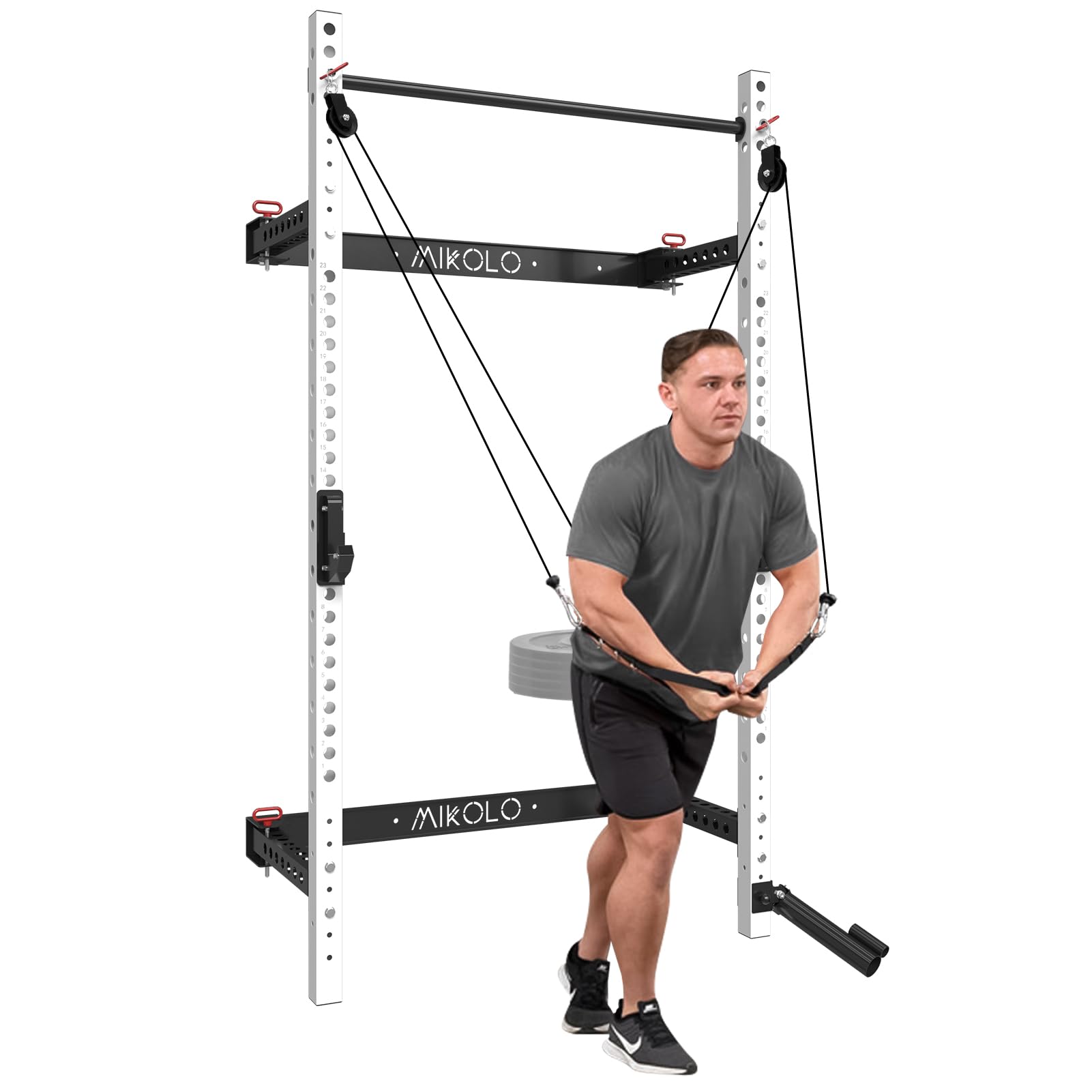 Mikolo Wall Mounted Squat Rack - Foldable Power Cage with Lat Pulldown & Cable Crossover System, Heavy Duty Home Gym Equipment for Strength Training & CrossFit Workouts (Space Saving Design for Small Home Gyms)