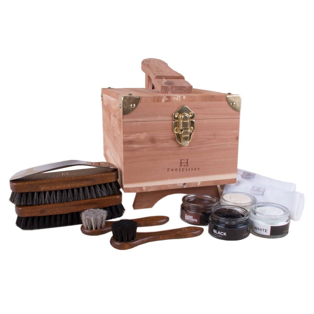FootFitter Premium Leather Shoe Care Kit - Shine Set with Cedar Wood Storage Box, Polish Cream & Maintenance Tools | Perfect for Men's Dress Shoes, Boots & Leather Accessories Care