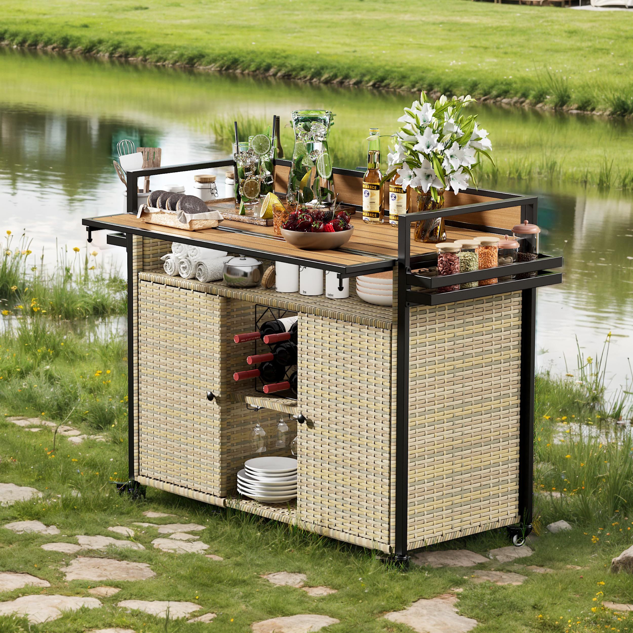 XL Outdoor Kitchen Wicker Rolling Bar Cart with Storage Cabinet & Extendable Plastic Wood Table Top - Mobile Kitchen Island for Patio, Backyard, Garden, Poolside - Double Handle Design, Brown - Perfect for Outdoor Entertaining, BBQ Parties & Poolside Drinks
