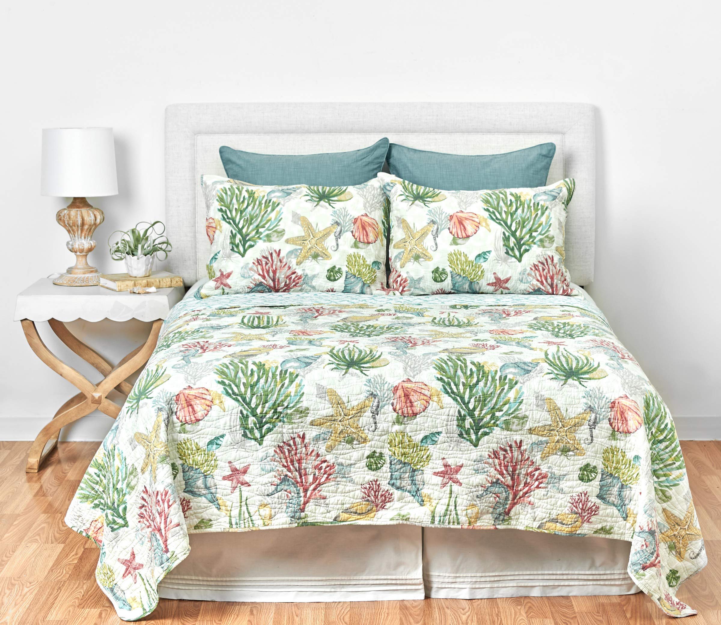 C&F Home Shellwood Sound 2-Piece Cotton Quilt Set - Twin Size, Coastal Beach Print in White, Blue & Green - Includes Quilt & Sham - Perfect for Beach House Bedrooms, Guest Rooms & Coastal-Themed Decor
