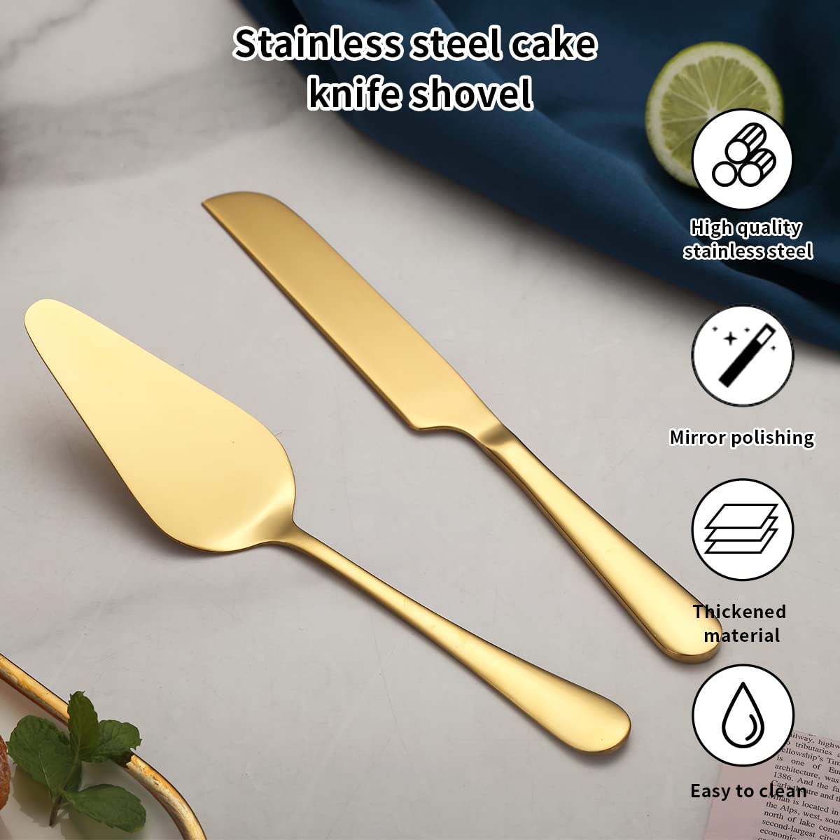 Kyraton Gold Wedding Cake Knife and Server Set - 24K Gold Titanium Plated Stainless Steel Cake Cutting Set with Knife & Server - Perfect for Weddings, Anniversaries, Birthdays & Special Celebrations