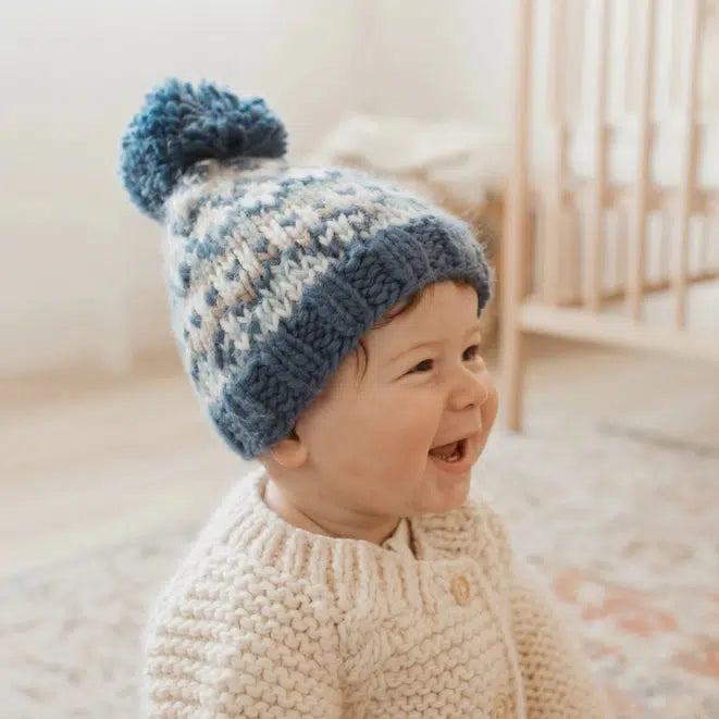 Warm Huggalugs Pom Pom Knit Beanie - Slate Fair Isle Design - Perfect for Winter Outdoor Activities & Casual Fashion