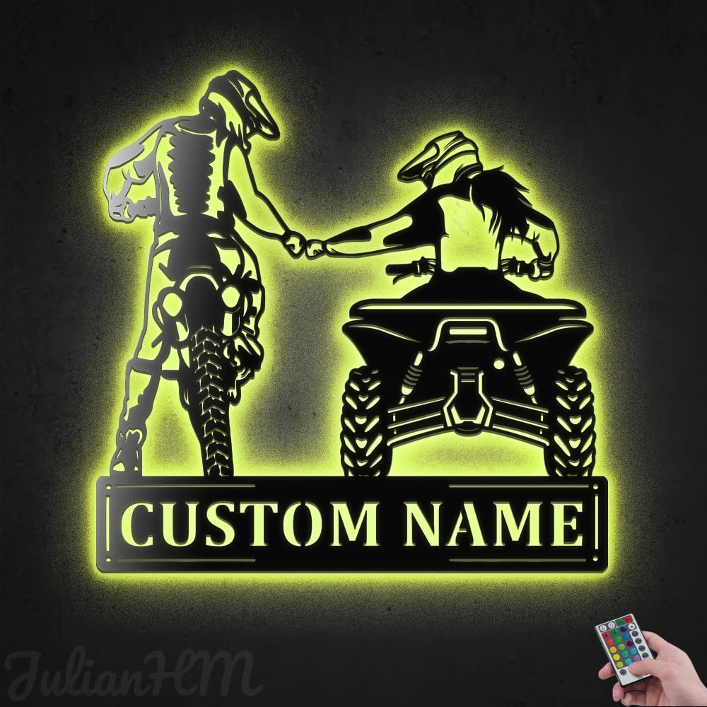 Custom Family Dirt Bike & ATV Metal Wall Art with LED Lights - Personalized Motocross Name Sign for Couples - 12x12 Inch Home Decor for Living Room, Bedroom or Man Cave - Perfect Gift for Bikers & Off-Road Enthusiasts
