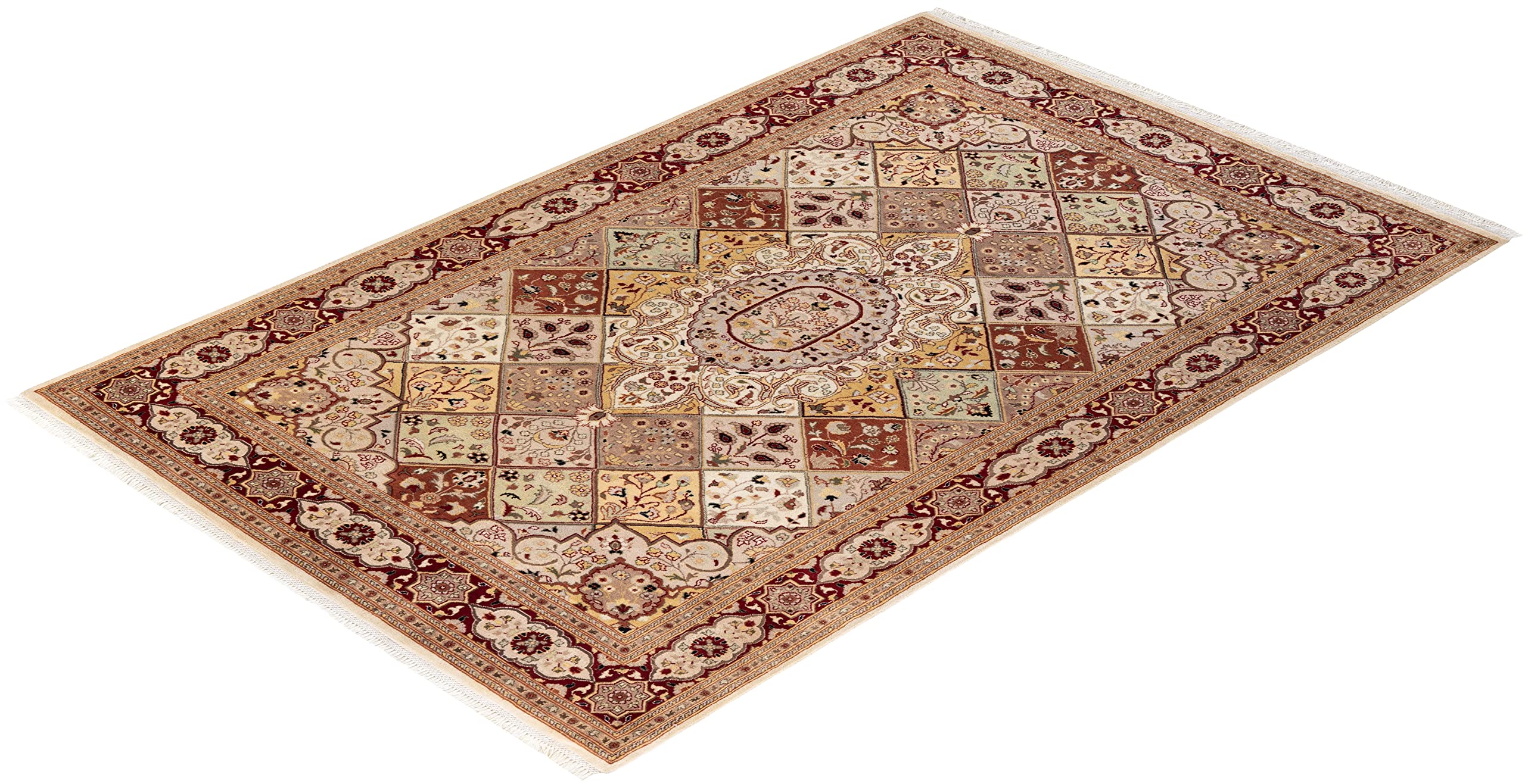 Handmade Wool Traditional Oriental Mogul Ivory 6x9 Area Rug - One of a Kind Hand Knotted Solo Rugs for Living Room, Bedroom & Dining Room Decor