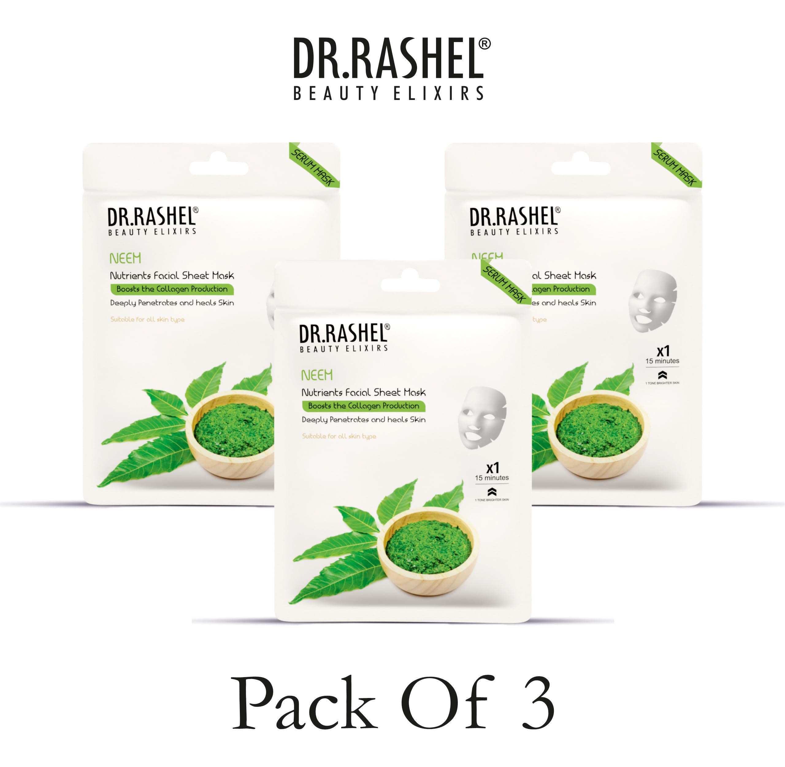 DR.RASHEL Neem Face Sheet Mask with Serum for Women & Men - All Skin Types | Deep Cleansing, Oil Control & Skin Repair | Hydrating & Nourishing Treatment | Paraben-Free | Pack of 4 (20g Each) | Perfect for Acne-Prone Skin & Daily Skincare Routine