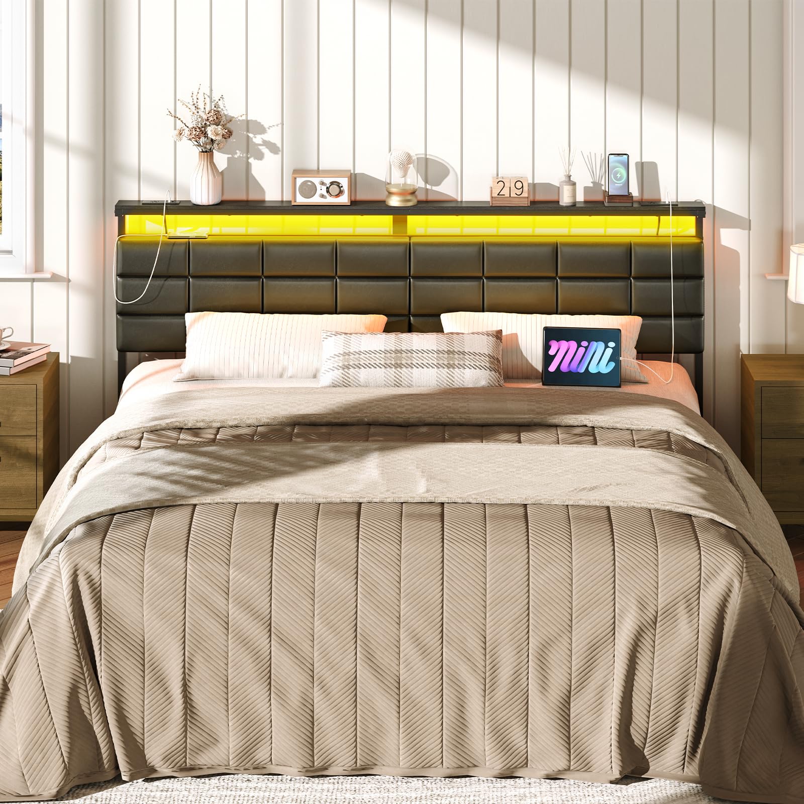 HOOBRO King Size Upholstered Headboard with Storage Rack, USB Charging Stations & LED Lights - Adjustable Height, Sturdy PU Leather Bed Frame Headboard with Open Shelf - Perfect for Modern Bedrooms, Guest Rooms & Small Spaces