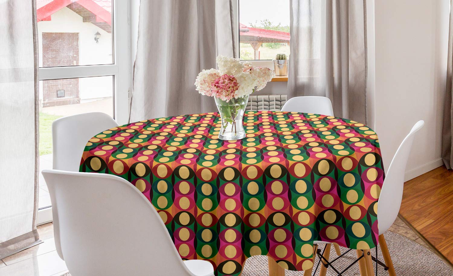 Ambesonne Retro Round Tablecloth - Pop Art Style Oval Geometric Design with Inner Circles in Pastel Tones, Vintage Pattern Circle Table Cover for Dining Room & Kitchen Decor (60 Inch, Multicolor) - Perfect for Dinner Parties, Holiday Gatherings & Vintage-Themed Home Decor
