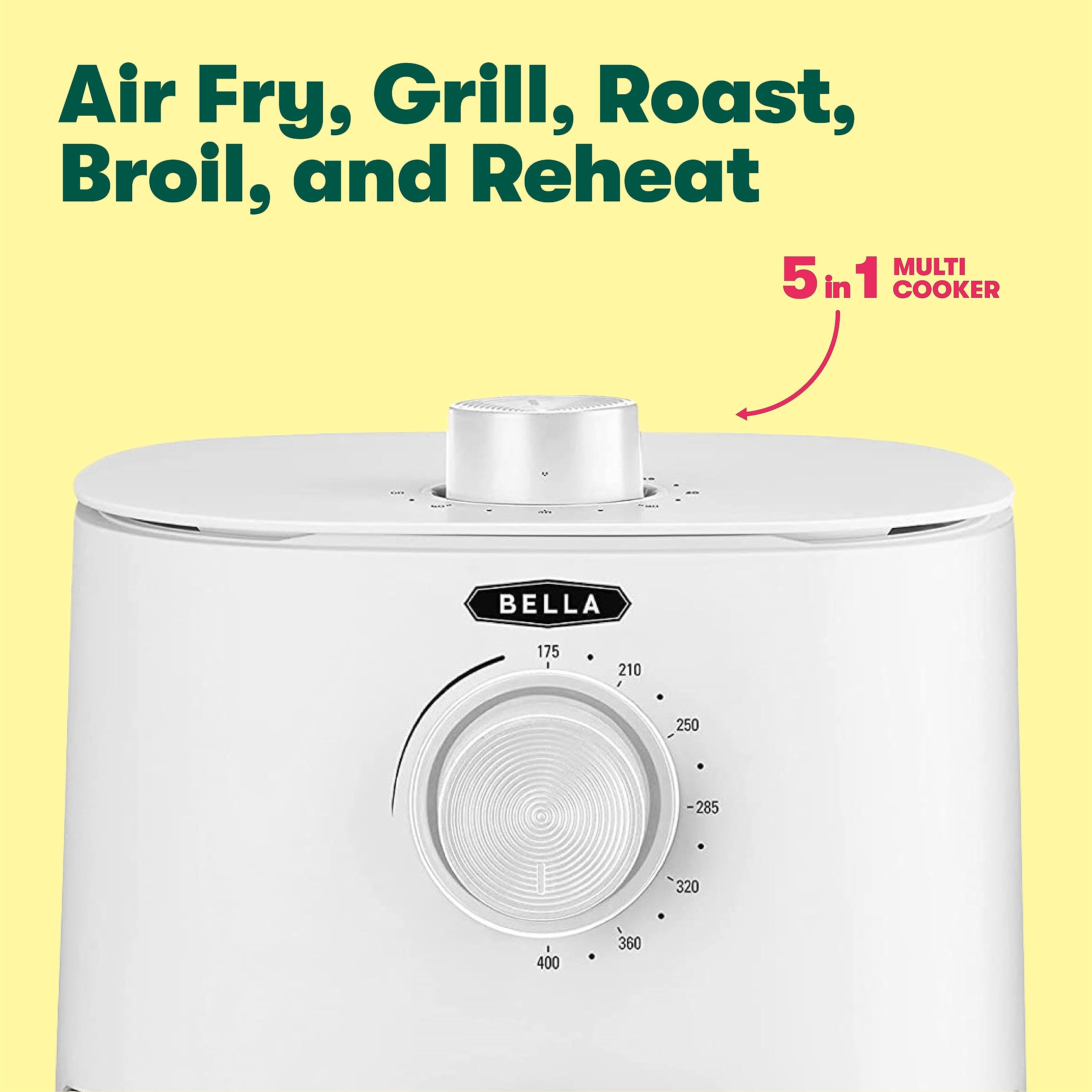 BELLA 3 Qt Manual Air Fryer Oven - 5-in-1 Multicooker with Removable Nonstick Basket & Dishwasher Safe Crisping Tray | 1400W Powerful Heating System | Matte White | Perfect for Healthy Cooking, Meal Prep & Family Dinners