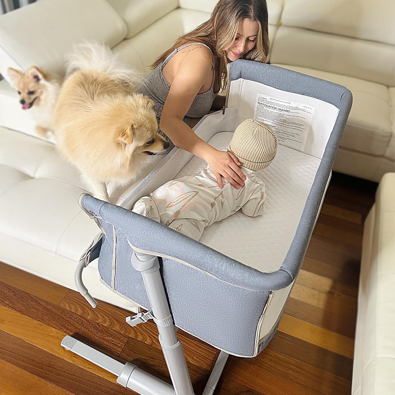 RONBEI Adjustable Portable Baby Bassinet & Bedside Sleeper - Light Grey Crib Bed for Newborn, Infant, Baby Boy & Girl - Perfect for Nursery, Bedroom & Travel Use